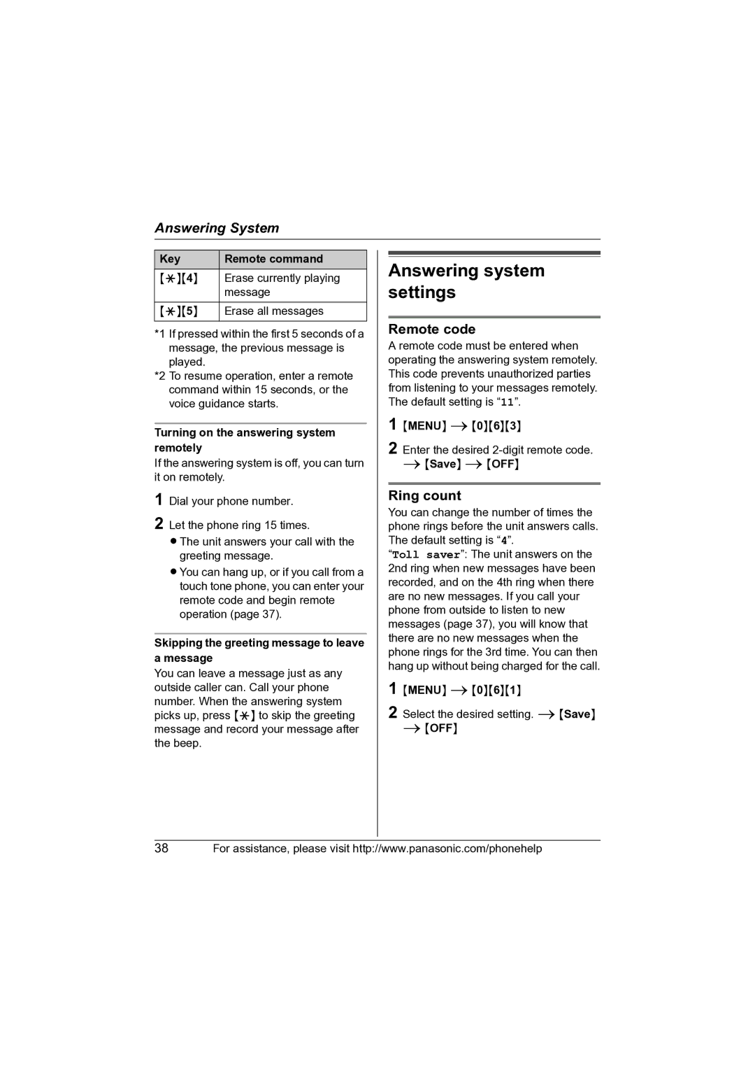 Panasonic KX-TG2631 Answering system settings, Remote code, Ring count, Turning on the answering system remotely 