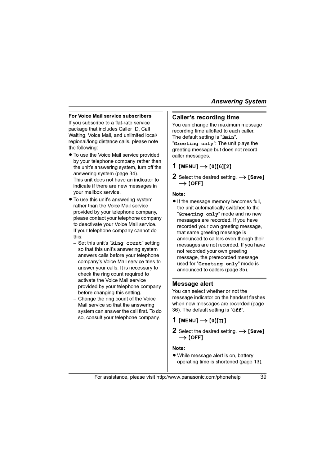 Panasonic KX-TG2631 operating instructions Caller’s recording time, Message alert, For Voice Mail service subscribers 