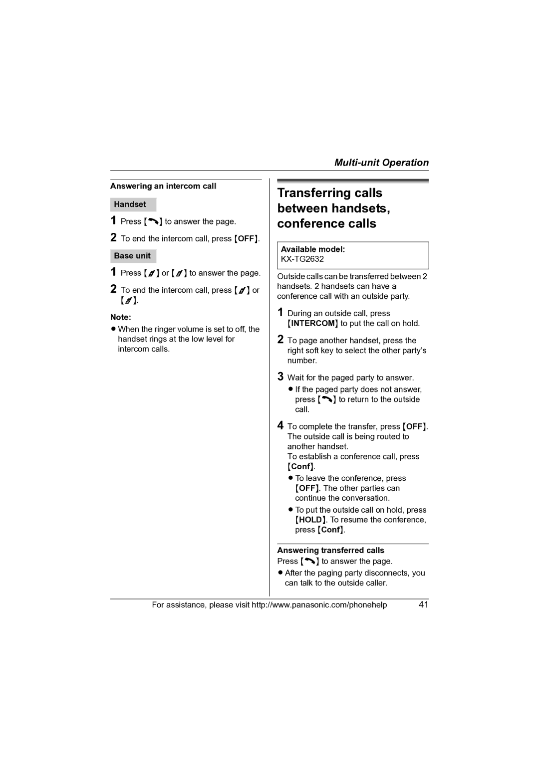 Panasonic KX-TG2631 Transferring calls between handsets, conference calls, Answering transferred calls 