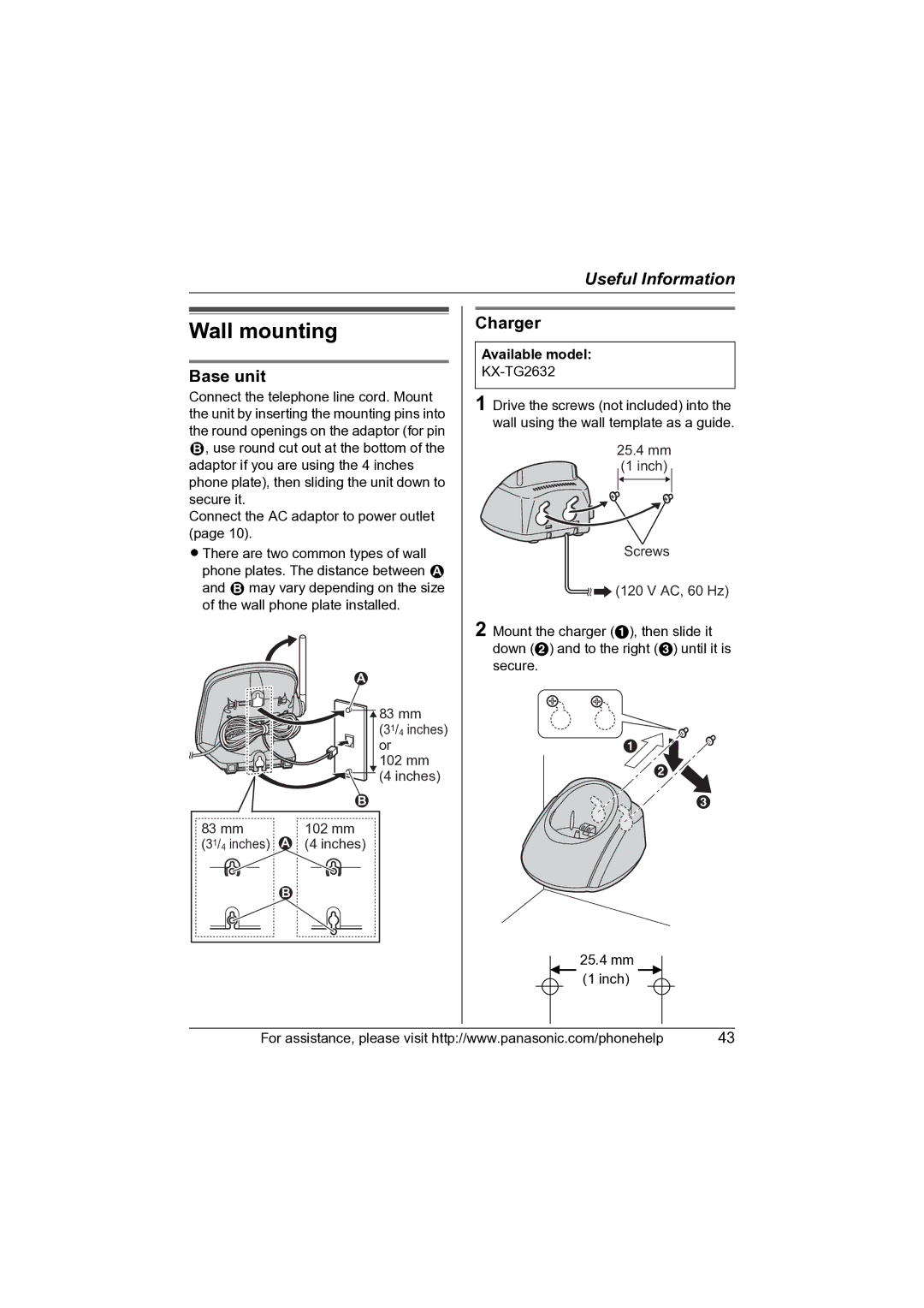 Panasonic KX-TG2631 operating instructions Wall mounting, Base unit, Charger 