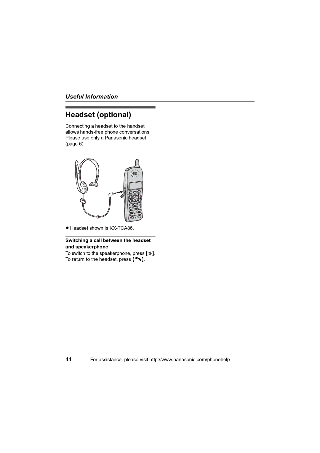 Panasonic KX-TG2631 operating instructions Headset optional, Switching a call between the headset and speakerphone 