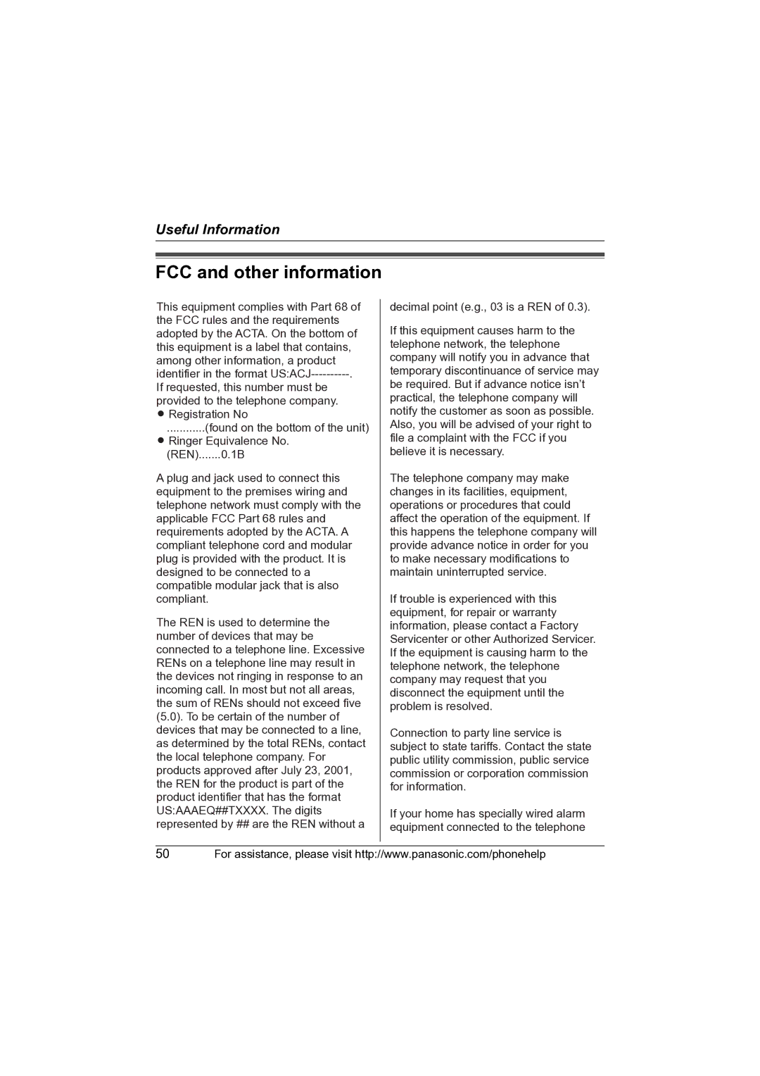 Panasonic KX-TG2631 operating instructions FCC and other information 