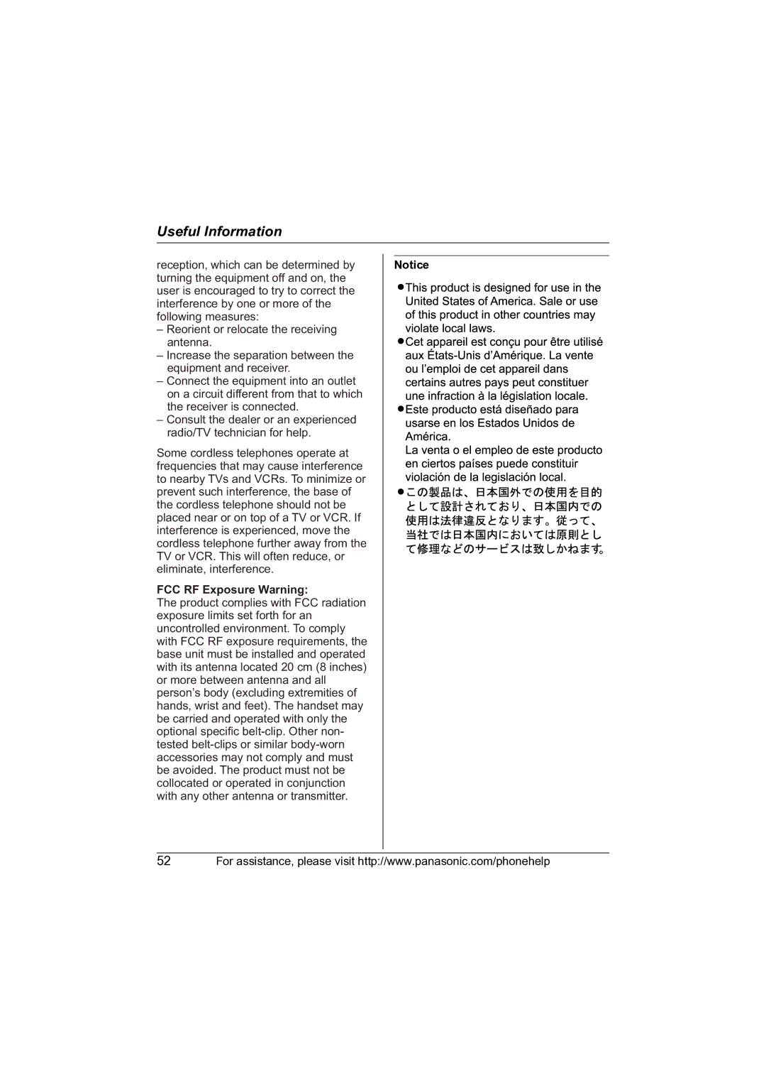 Panasonic KX-TG2631 operating instructions FCC RF Exposure Warning 