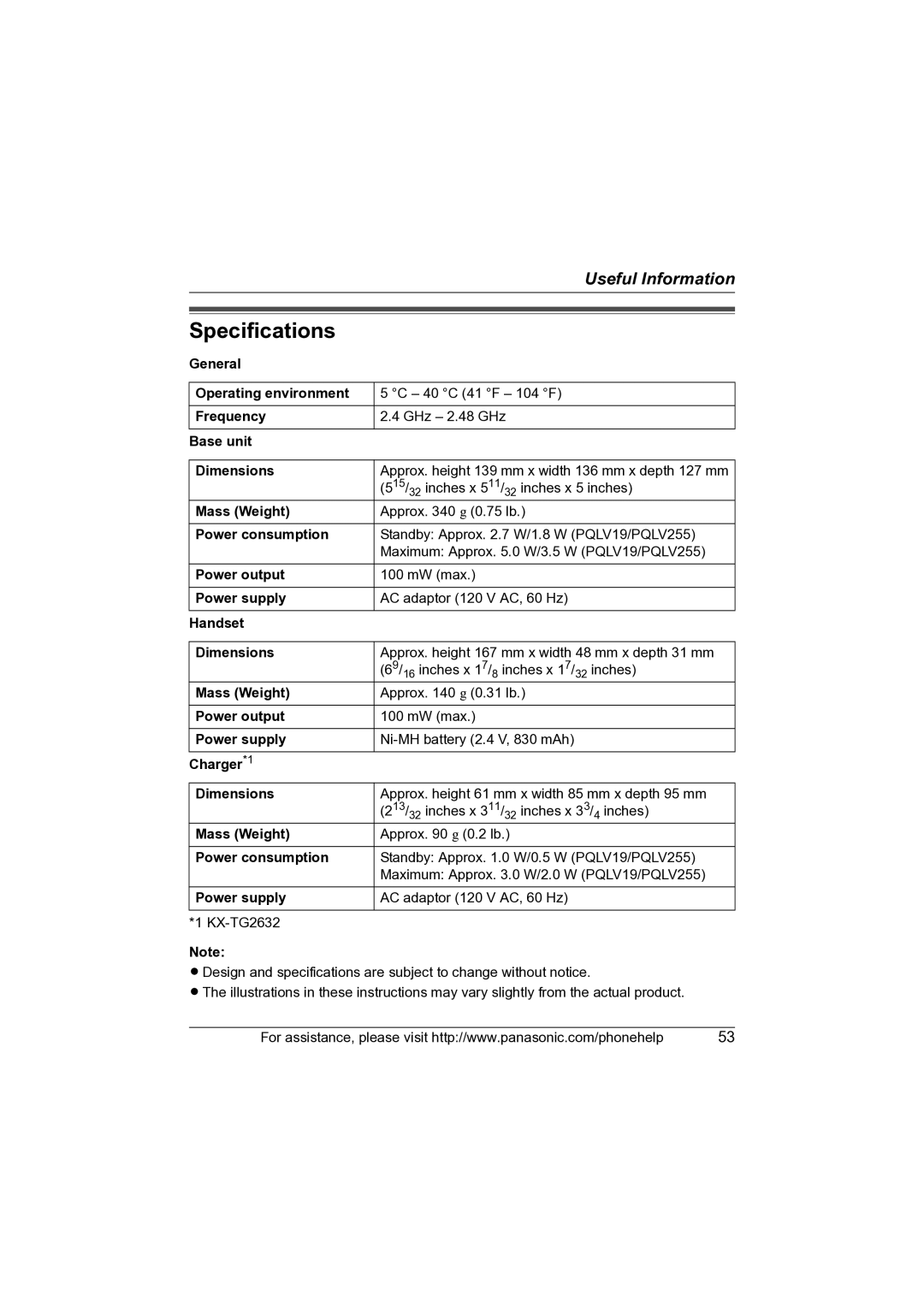 Panasonic KX-TG2631 operating instructions Specifications 