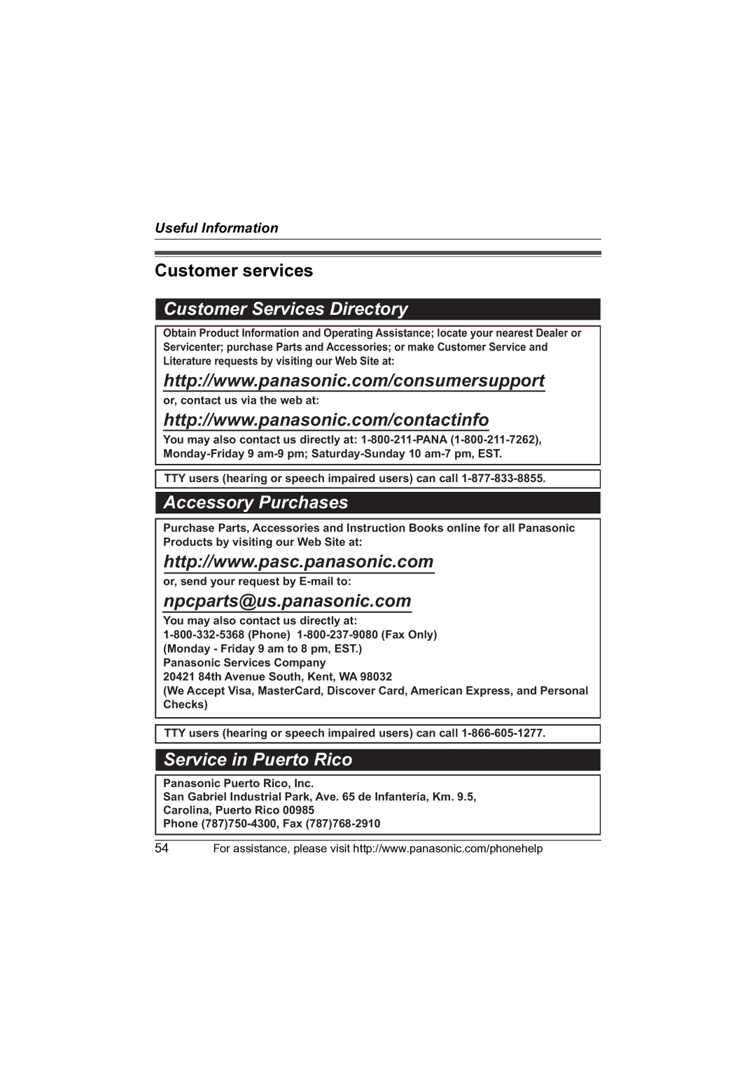 Panasonic KX-TG2631 operating instructions Customer services, Customer Services Directory 