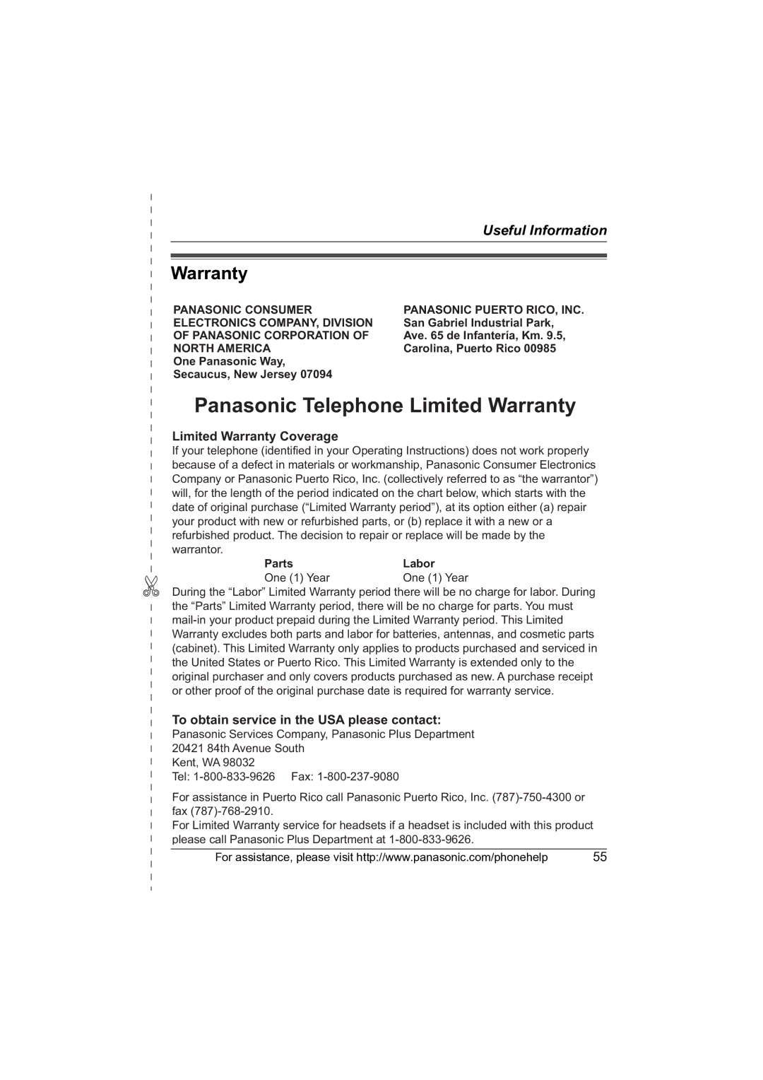 Panasonic KX-TG2631 Warranty, San Gabriel Industrial Park, Ave de Infantería, Km, One Panasonic Way Secaucus, New Jersey 