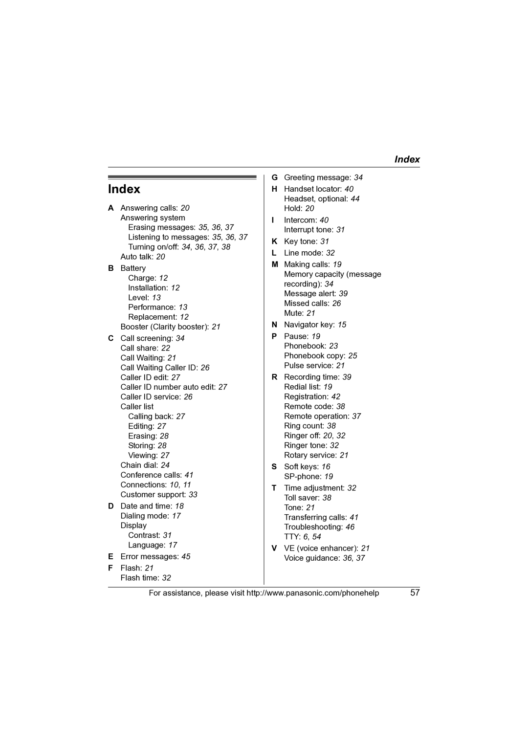 Panasonic KX-TG2631 operating instructions Index 