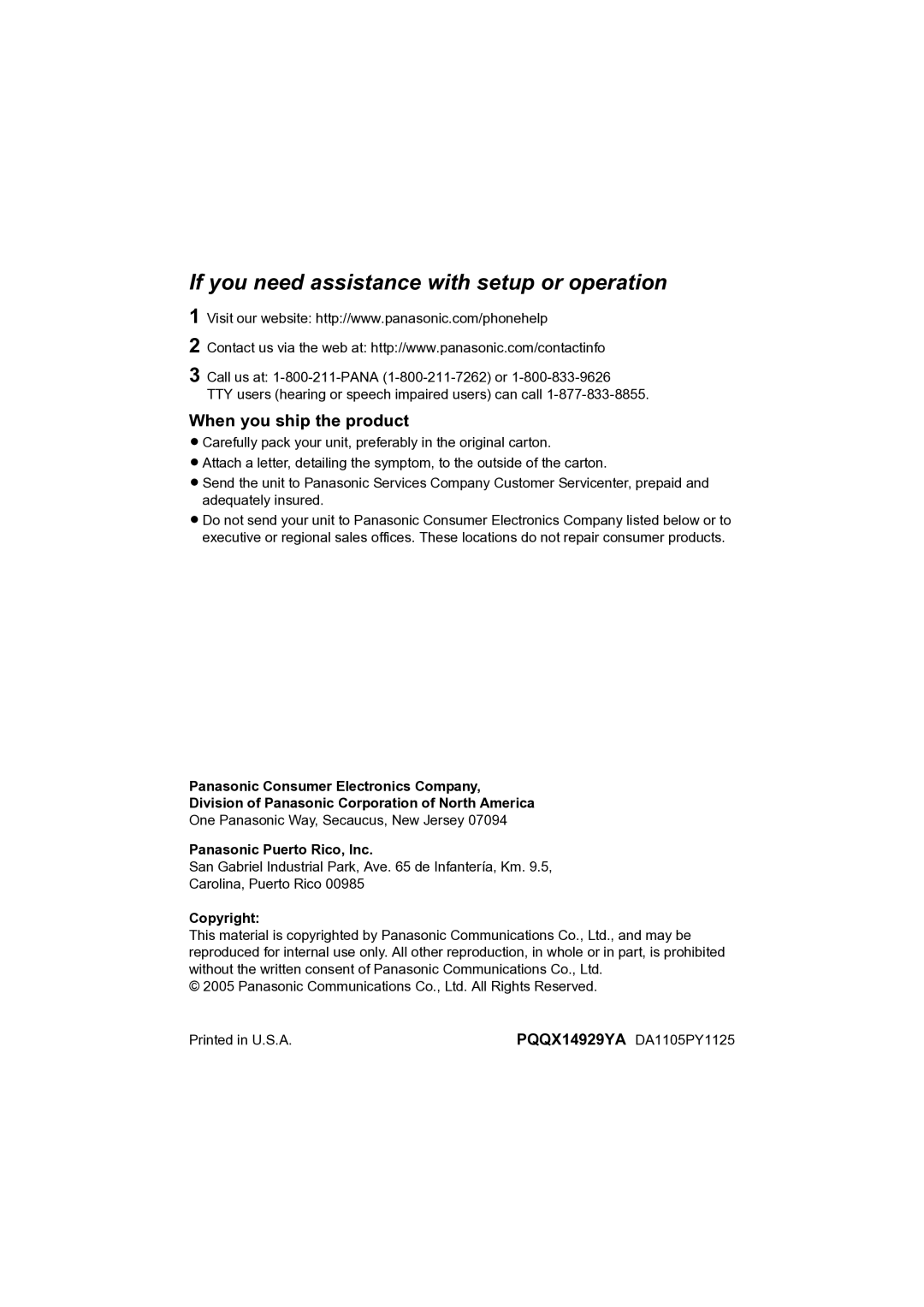 Panasonic KX-TG2631 operating instructions When you ship the product, Panasonic Puerto Rico, Inc, Copyright 