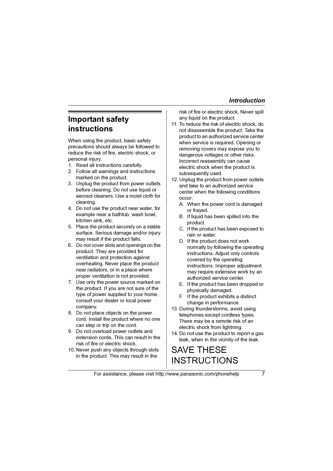 Panasonic KX-TG2631 operating instructions Save These Instructions, Important safety instructions 