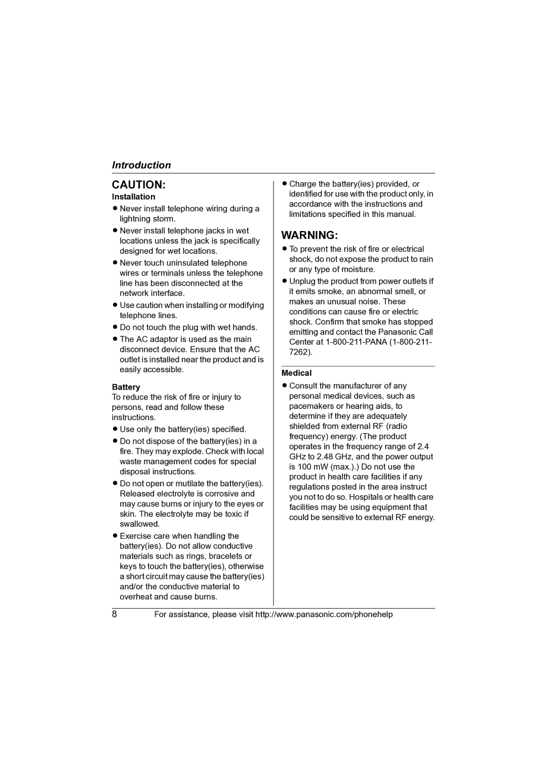 Panasonic KX-TG2631 operating instructions Installation, Battery, Medical 