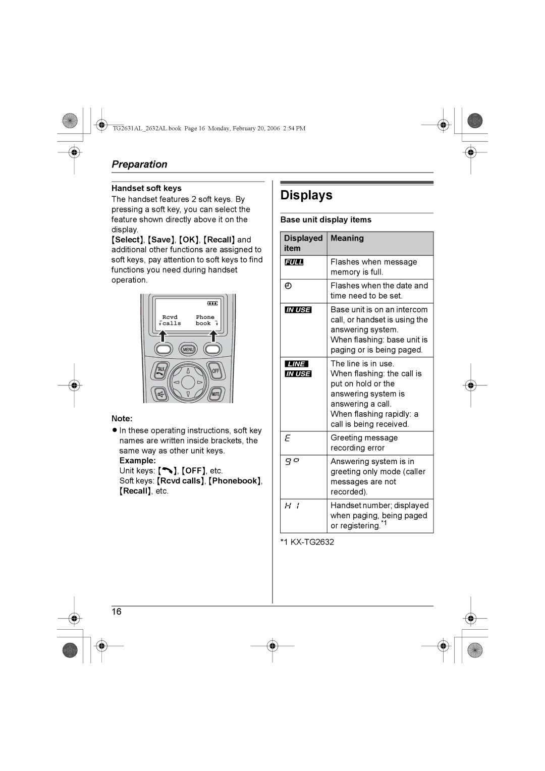 Panasonic KX-TG2631AL, KX-TG2632AL Displays, Handset soft keys, Base unit display items Displayed Meaning 