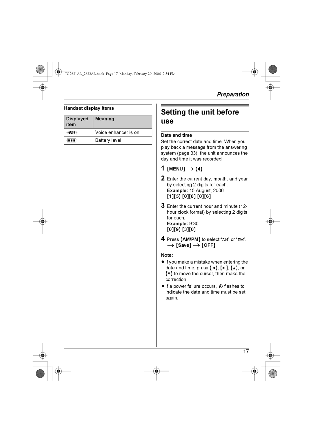 Panasonic KX-TG2632AL Setting the unit before use, Handset display items Displayed Meaning item, Date and time 