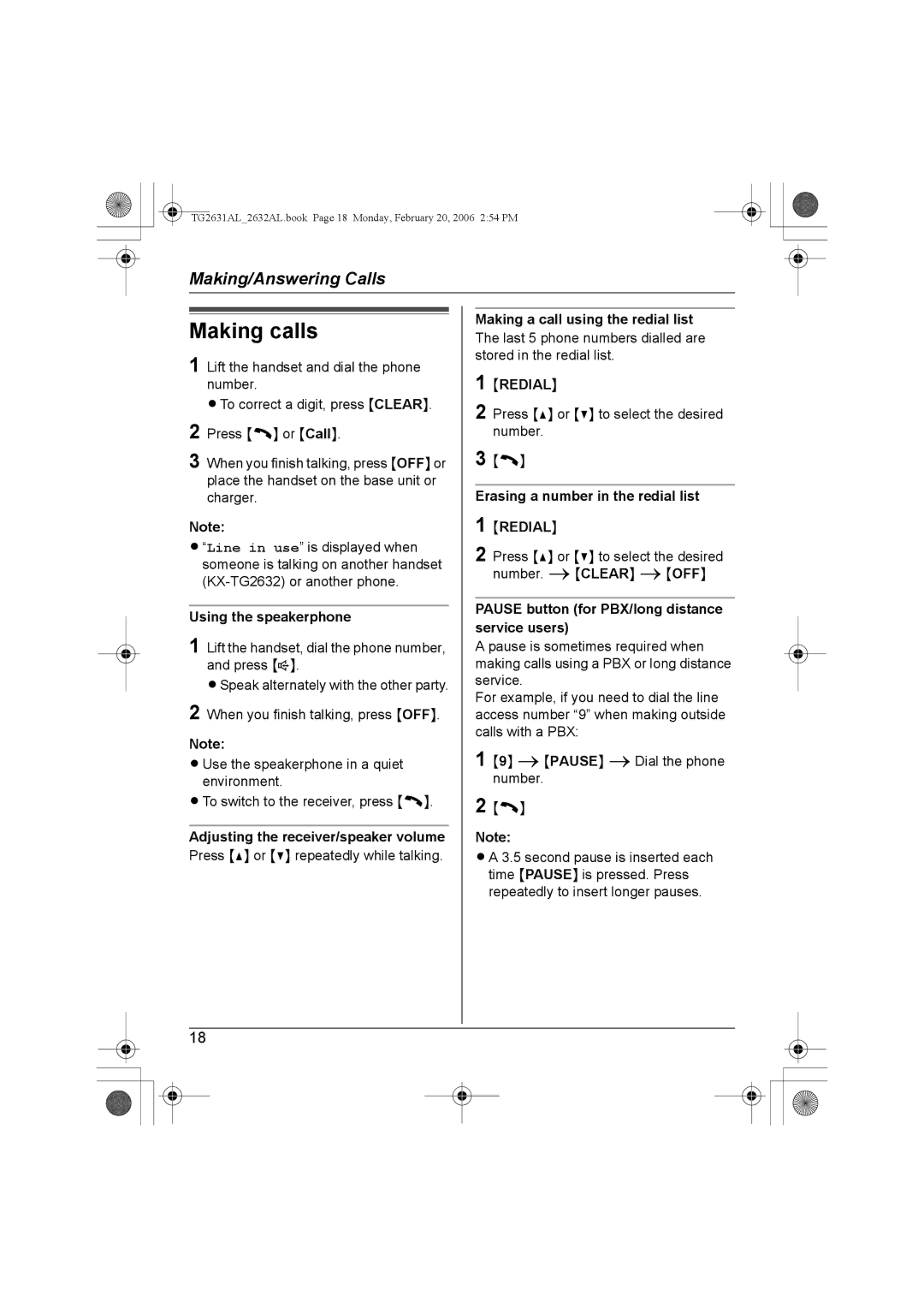 Panasonic KX-TG2631AL, KX-TG2632AL operating instructions Making calls 