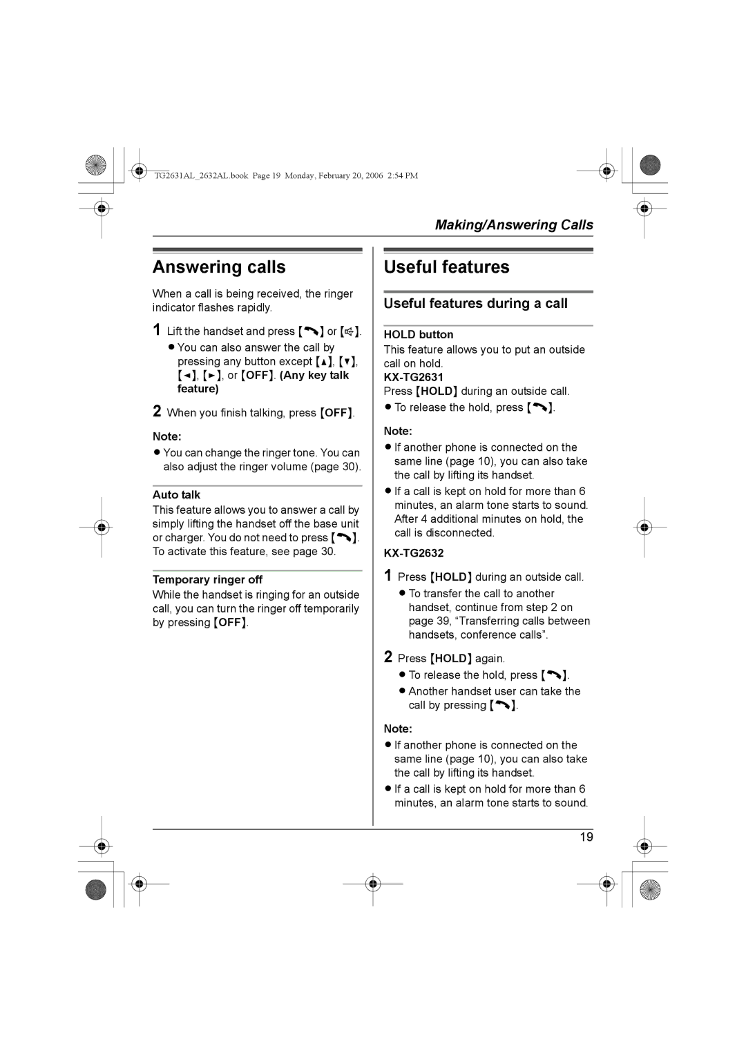 Panasonic KX-TG2632AL, KX-TG2631AL operating instructions Answering calls, Useful features during a call 