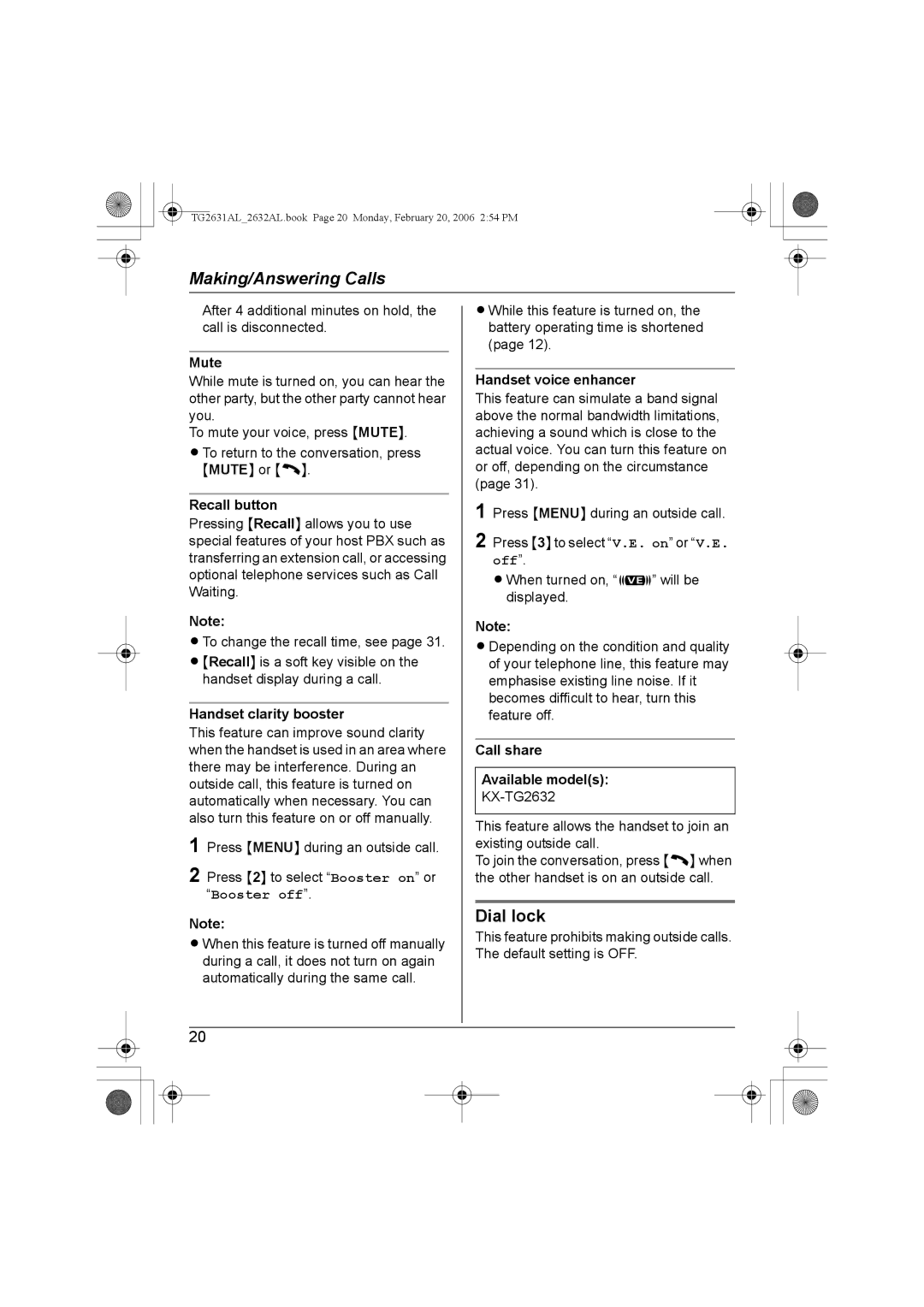 Panasonic KX-TG2631AL, KX-TG2632AL operating instructions Dial lock 