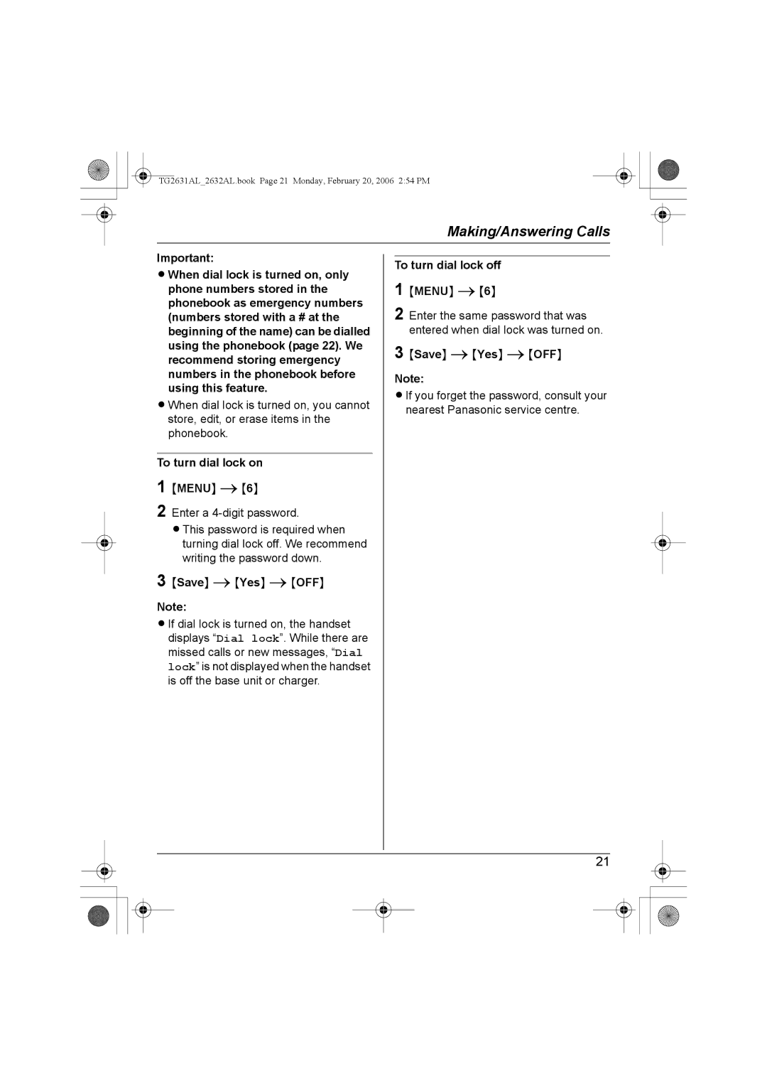 Panasonic KX-TG2632AL, KX-TG2631AL operating instructions To turn dial lock on, To turn dial lock off 