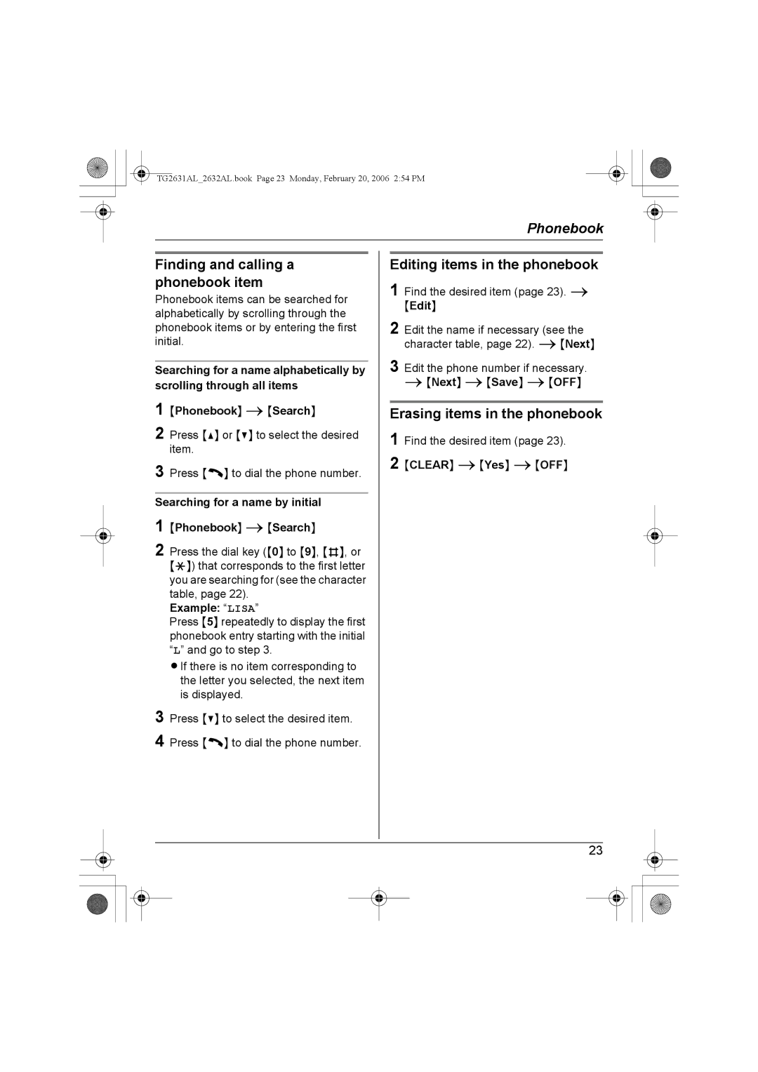 Panasonic KX-TG2632AL Finding and calling a phonebook item, Editing items in the phonebook, Erasing items in the phonebook 