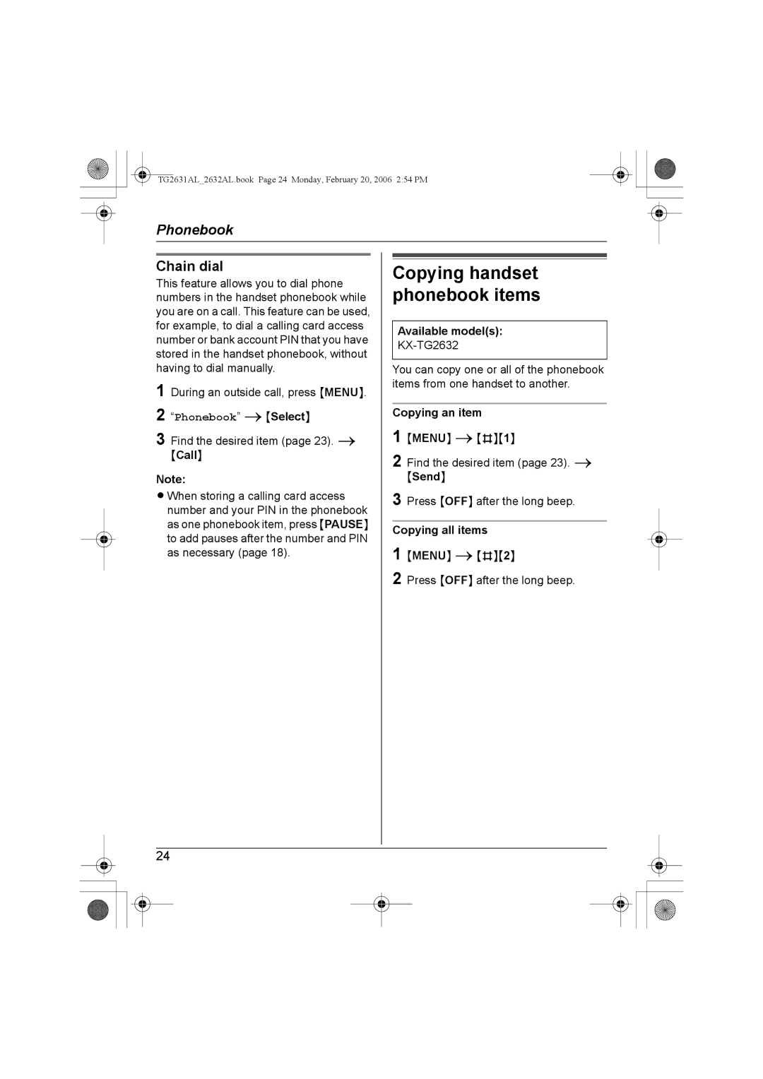 Panasonic KX-TG2631AL, KX-TG2632AL operating instructions Chain dial, Copying an item, Copying all items 