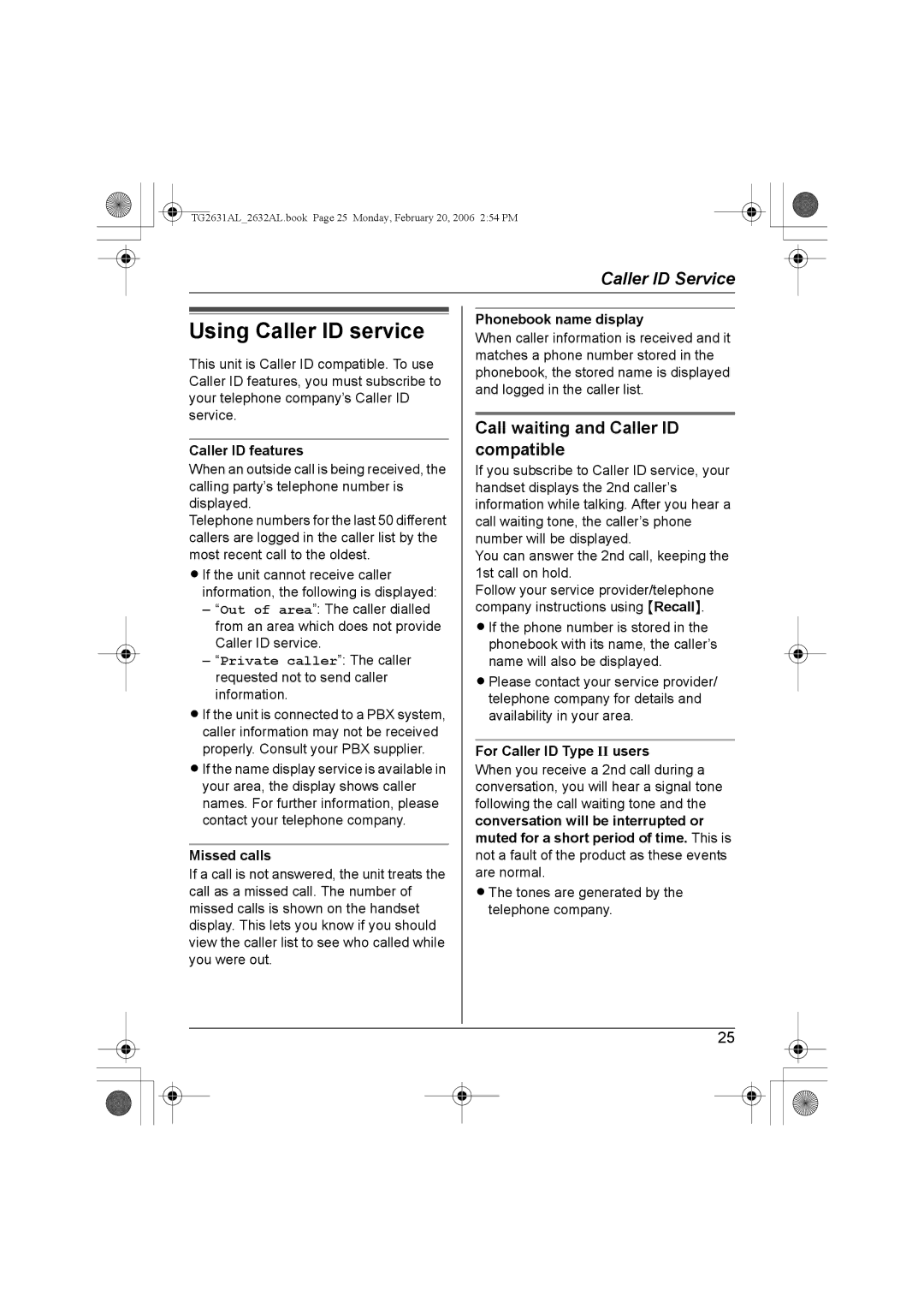 Panasonic KX-TG2632AL, KX-TG2631AL operating instructions Using Caller ID service, Call waiting and Caller ID compatible 