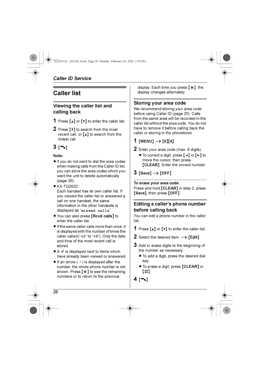 Panasonic KX-TG2631AL, KX-TG2632AL Caller list, Viewing the caller list and calling back, Storing your area code 