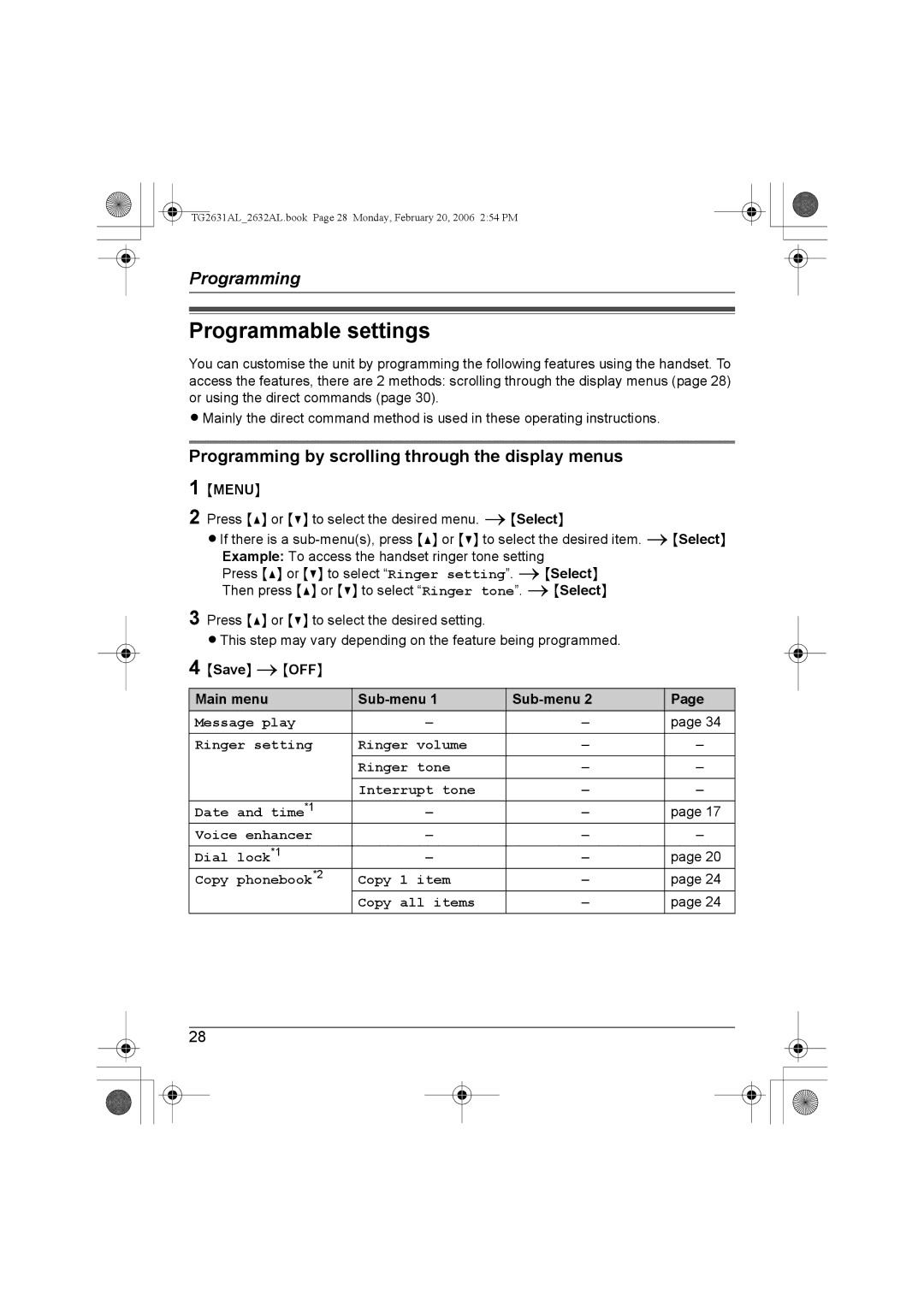 Panasonic KX-TG2631AL, KX-TG2632AL Programmable settings, Programming by scrolling through the display menus 