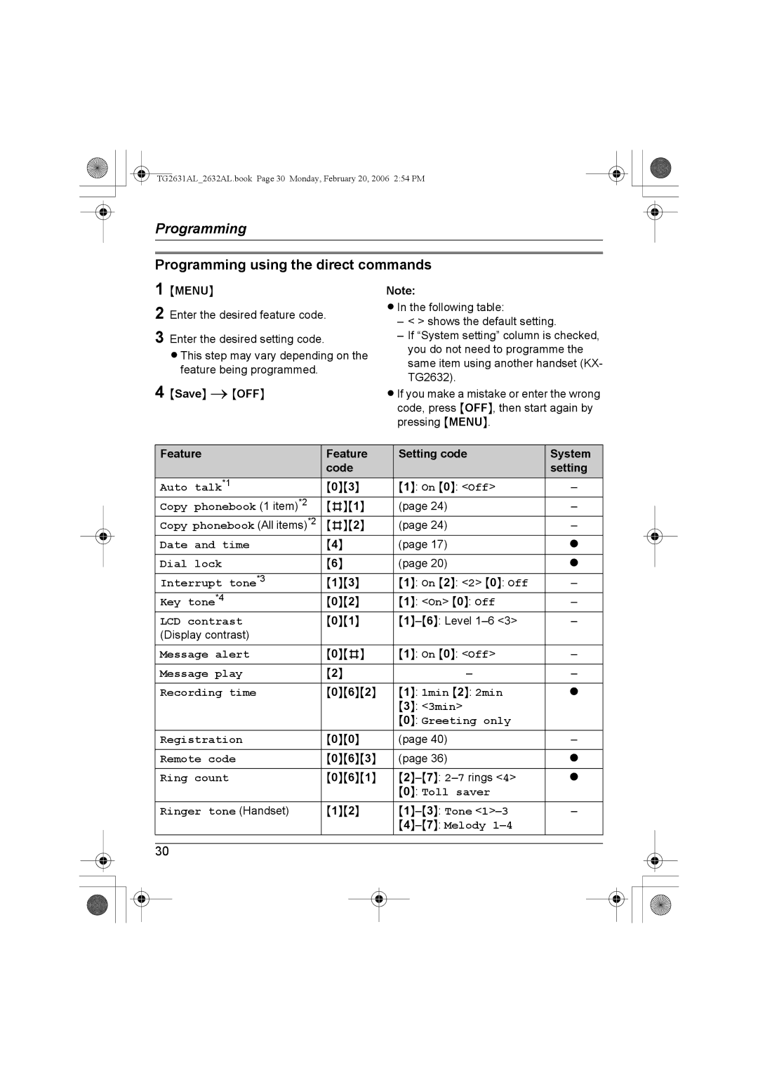 Panasonic KX-TG2631AL, KX-TG2632AL Programming using the direct commands, Menu, Feature Setting code System Code 