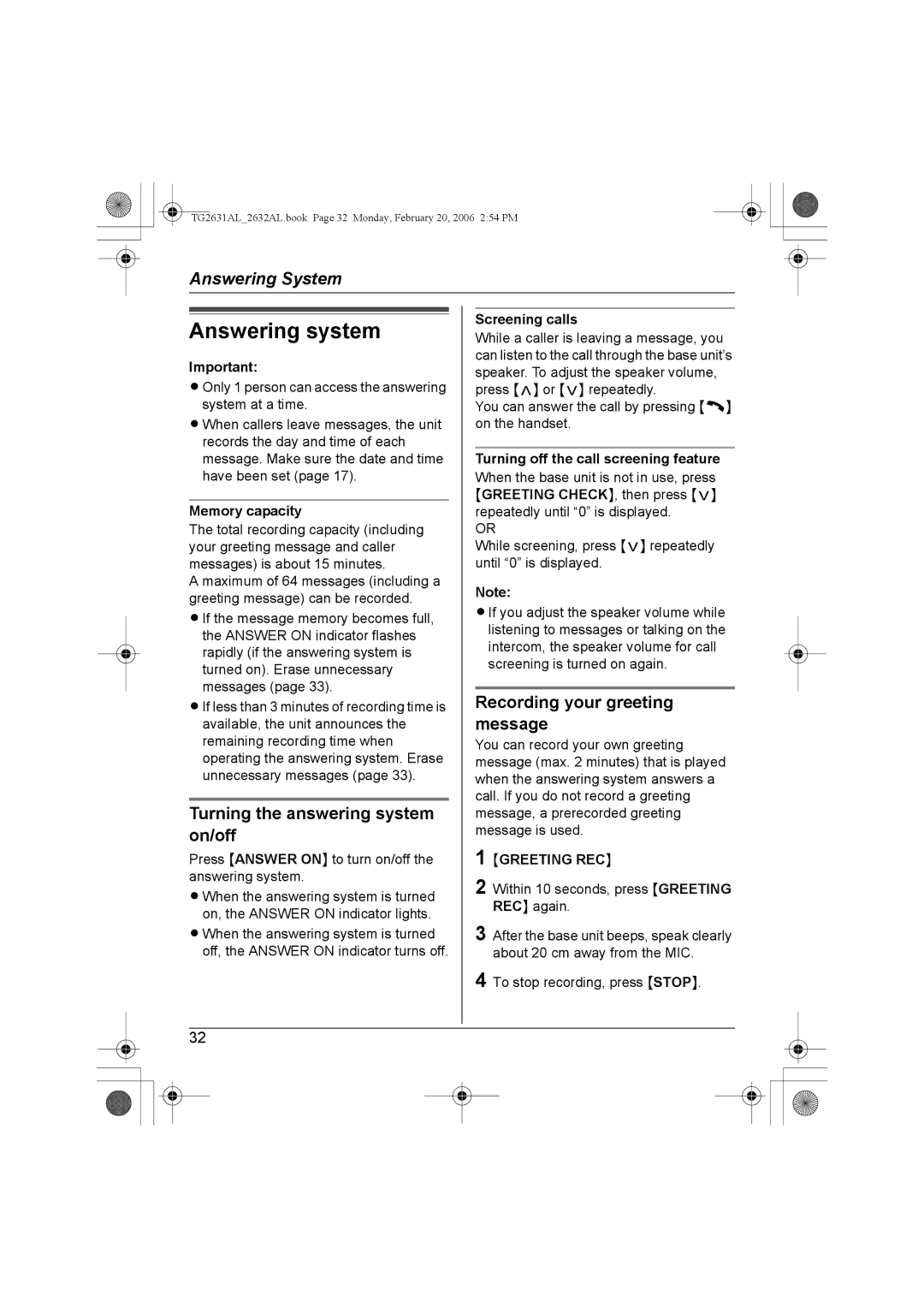 Panasonic KX-TG2631AL, KX-TG2632AL Answering system, Turning the answering system on/off, Recording your greeting message 