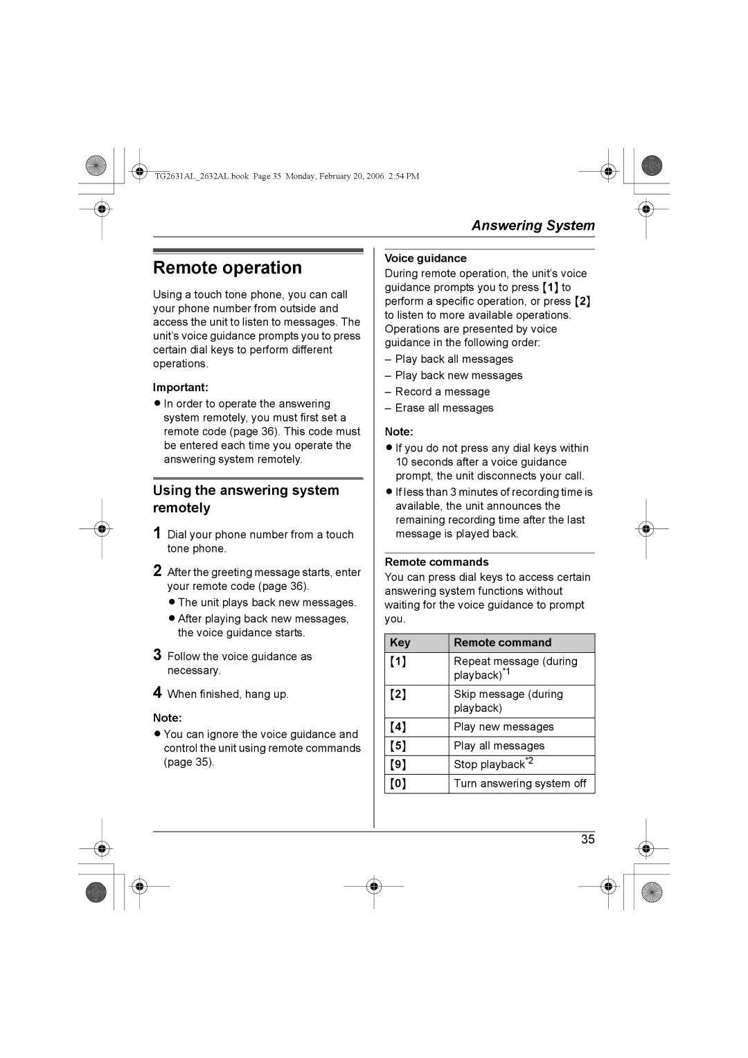 Panasonic KX-TG2632AL Remote operation, Using the answering system remotely, Remote commands, Key Remote command 