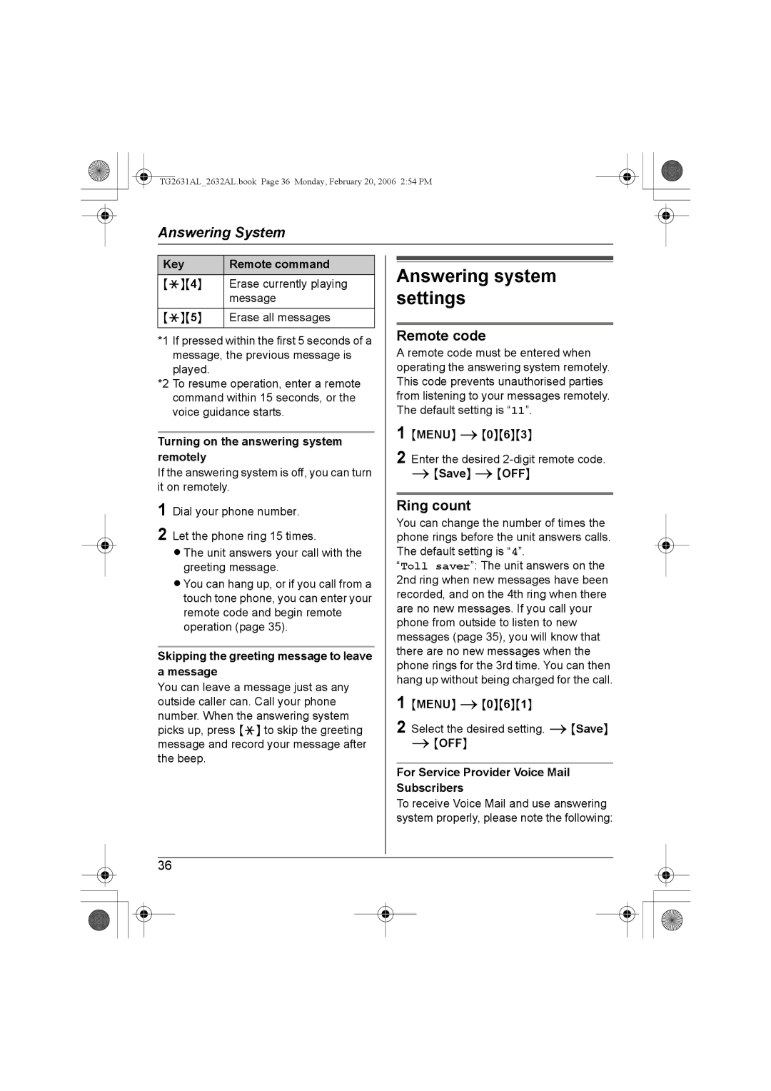 Panasonic KX-TG2631AL, KX-TG2632AL operating instructions Answering system settings, Remote code, Ring count 