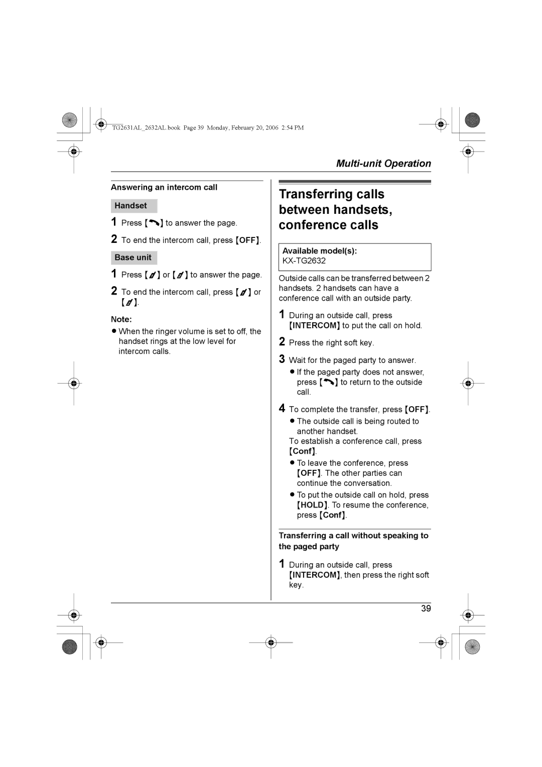 Panasonic KX-TG2632AL, KX-TG2631AL operating instructions Transferring calls between handsets, conference calls 