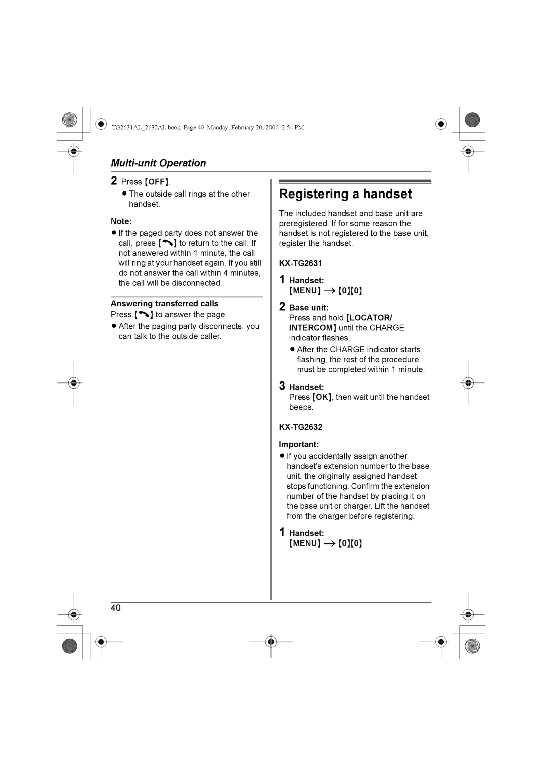 Panasonic KX-TG2631AL, KX-TG2632AL Registering a handset, Answering transferred calls, KX-TG2631 Handset 