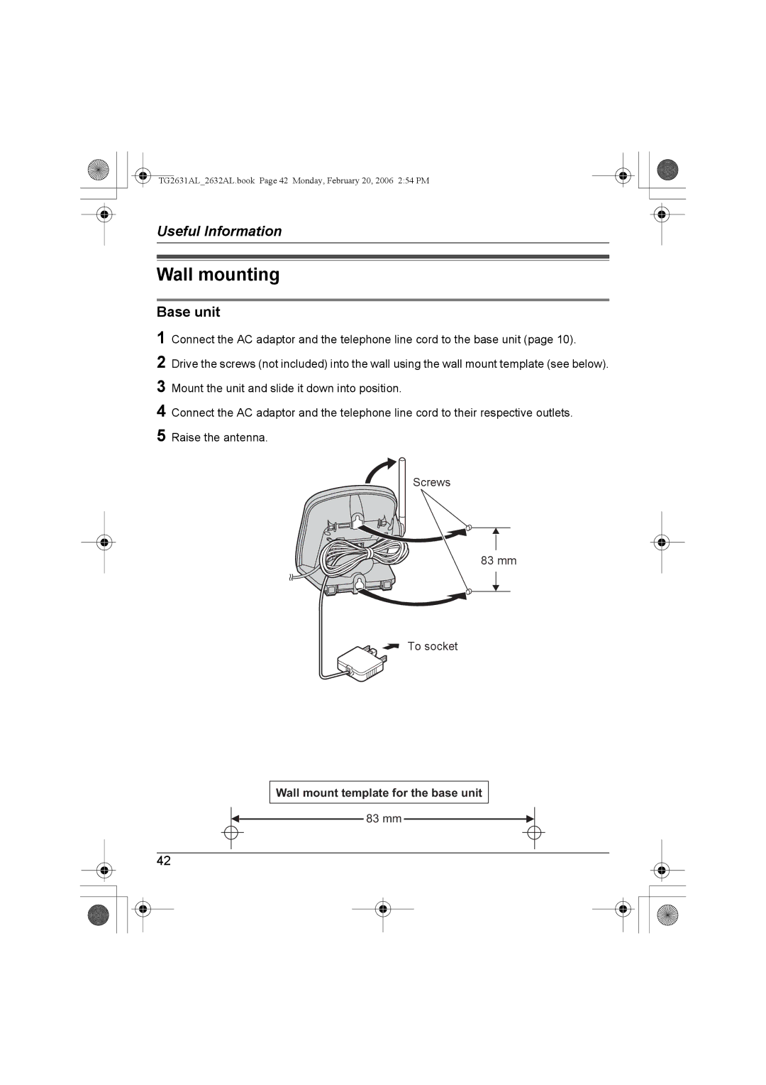 Panasonic KX-TG2631AL, KX-TG2632AL operating instructions Wall mounting, Base unit, Wall mount template for the base unit 