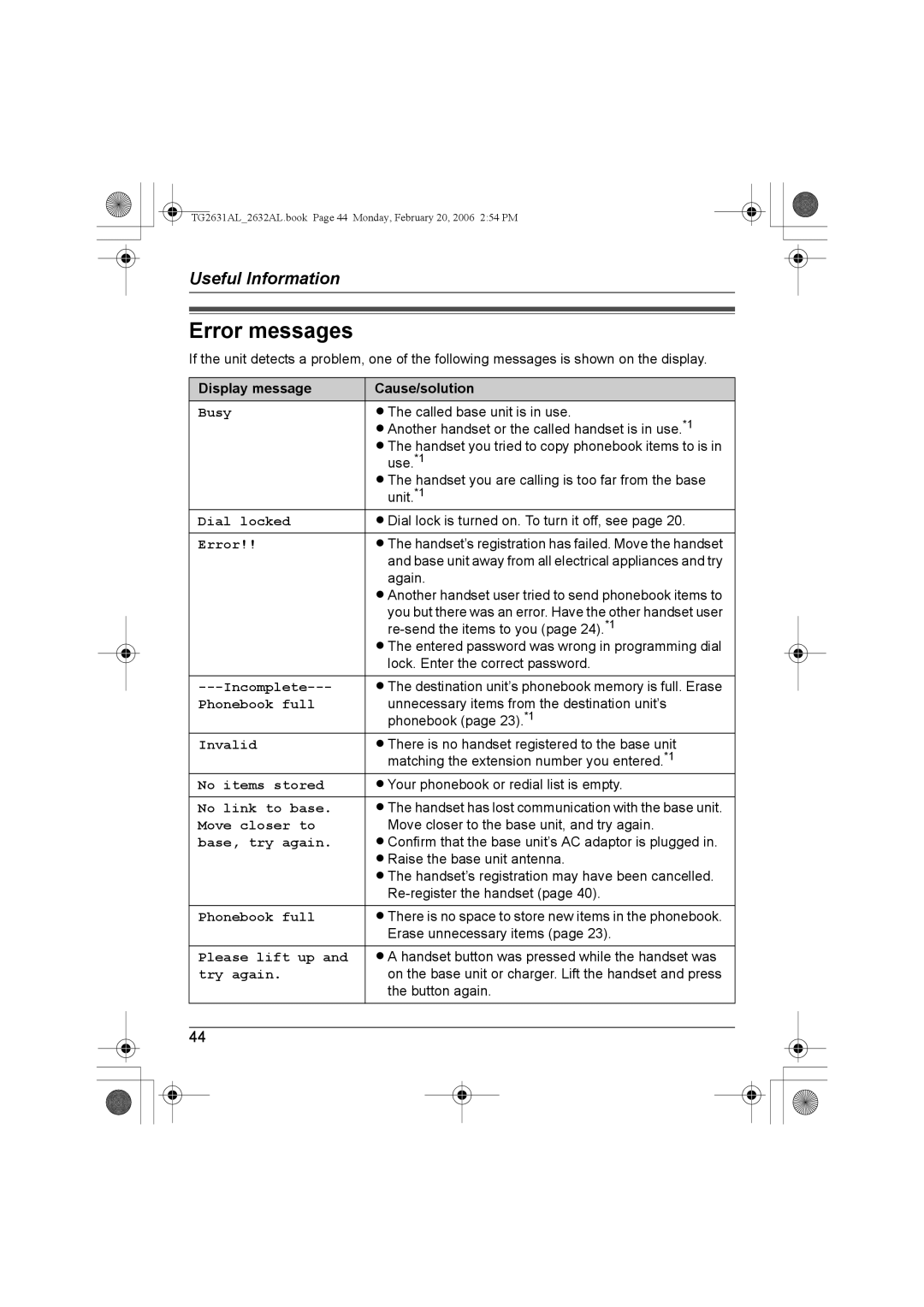 Panasonic KX-TG2631AL, KX-TG2632AL operating instructions Error messages, Display message Cause/solution 