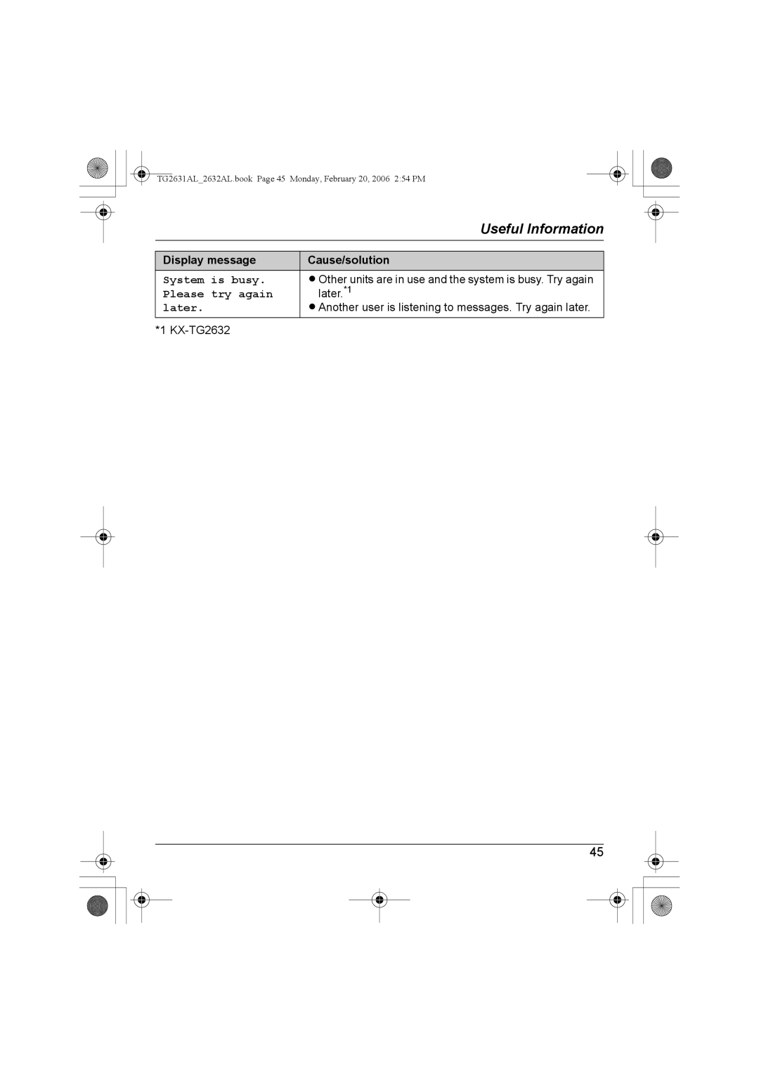 Panasonic KX-TG2632AL, KX-TG2631AL operating instructions Later.*1, LAnother user is listening to messages. Try again later 