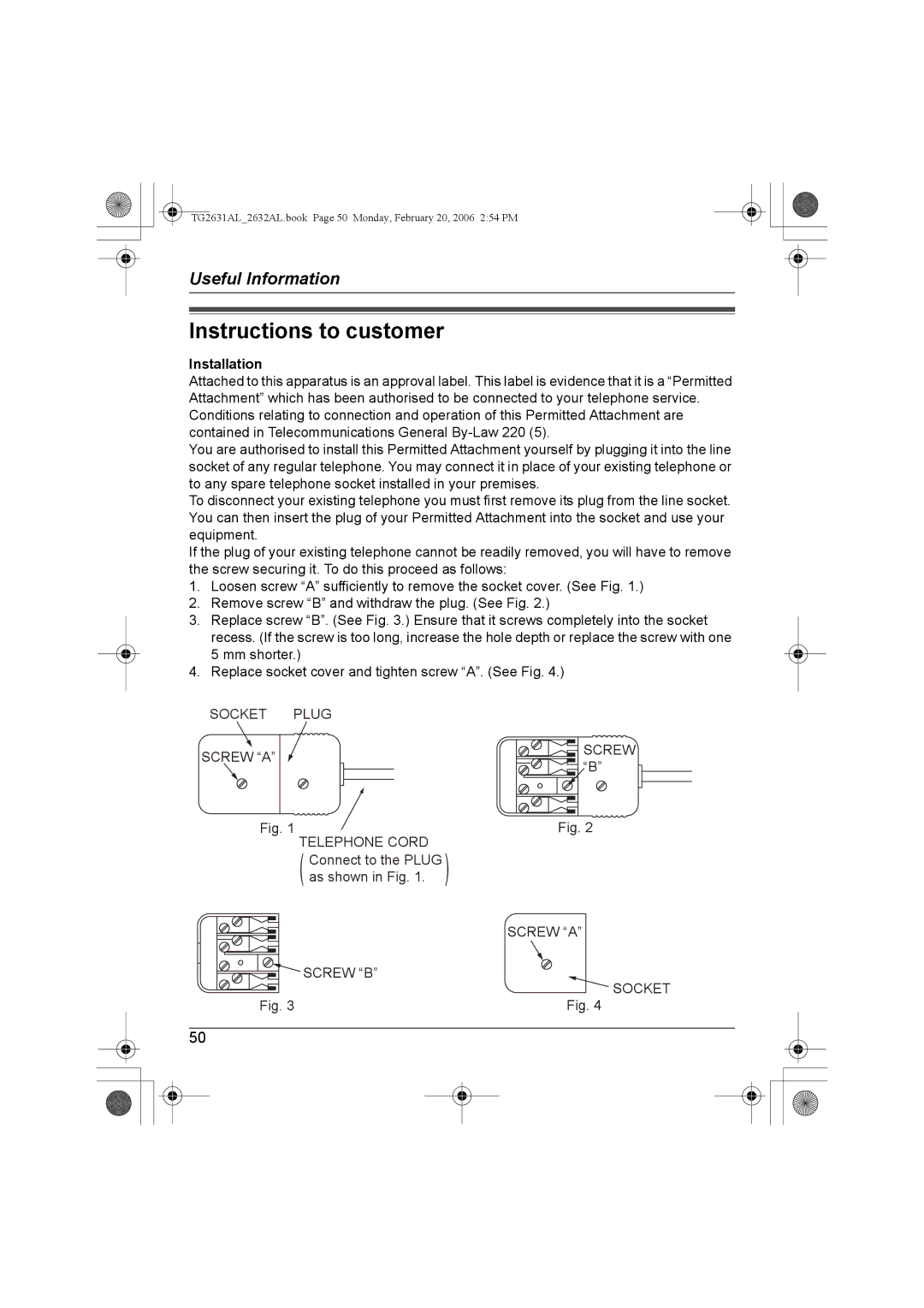 Panasonic KX-TG2631AL, KX-TG2632AL operating instructions Instructions to customer, Installation 