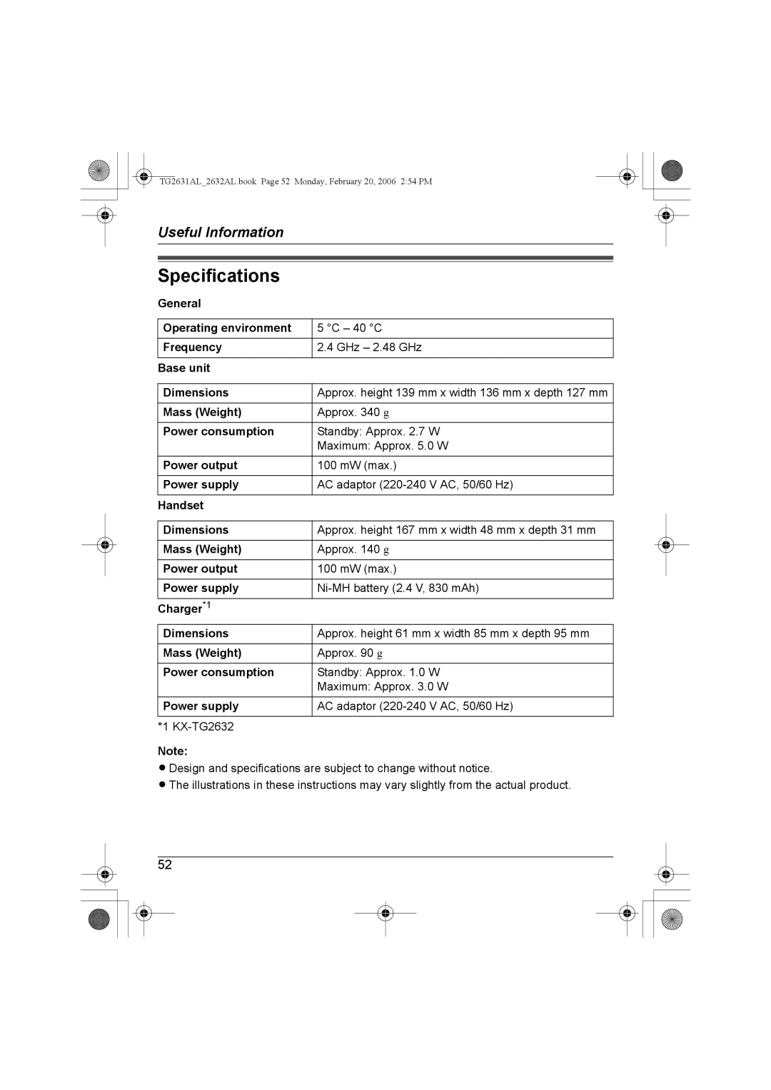 Panasonic KX-TG2631AL, KX-TG2632AL operating instructions Specifications 