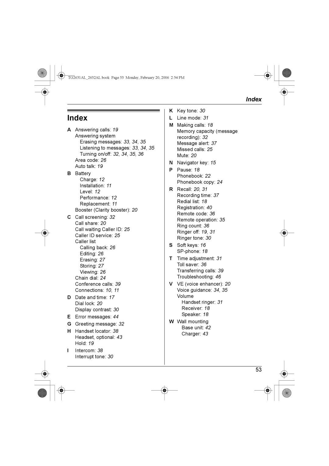 Panasonic KX-TG2632AL, KX-TG2631AL operating instructions Index 