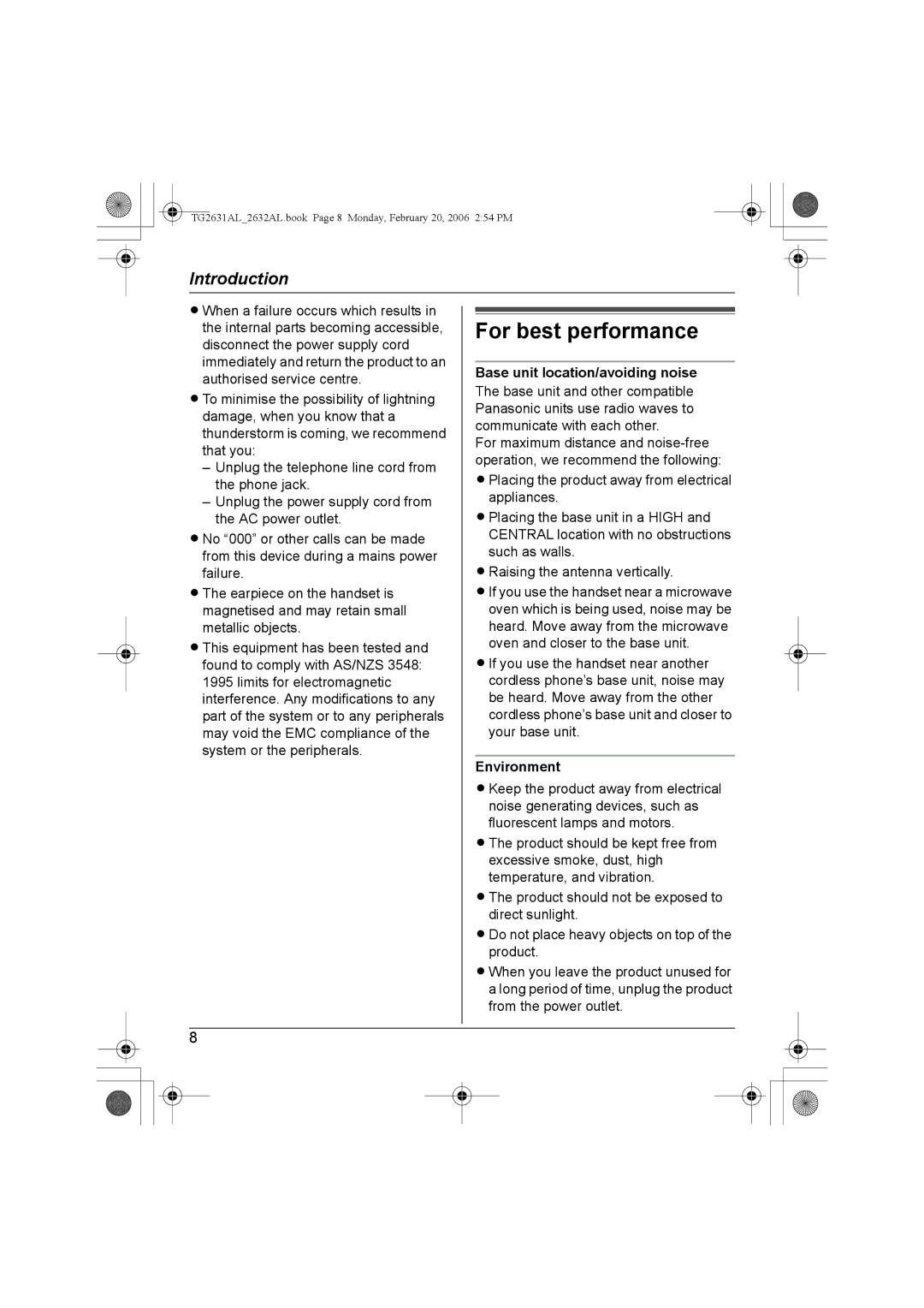 Panasonic KX-TG2631AL, KX-TG2632AL For best performance, Base unit location/avoiding noise, Environment 