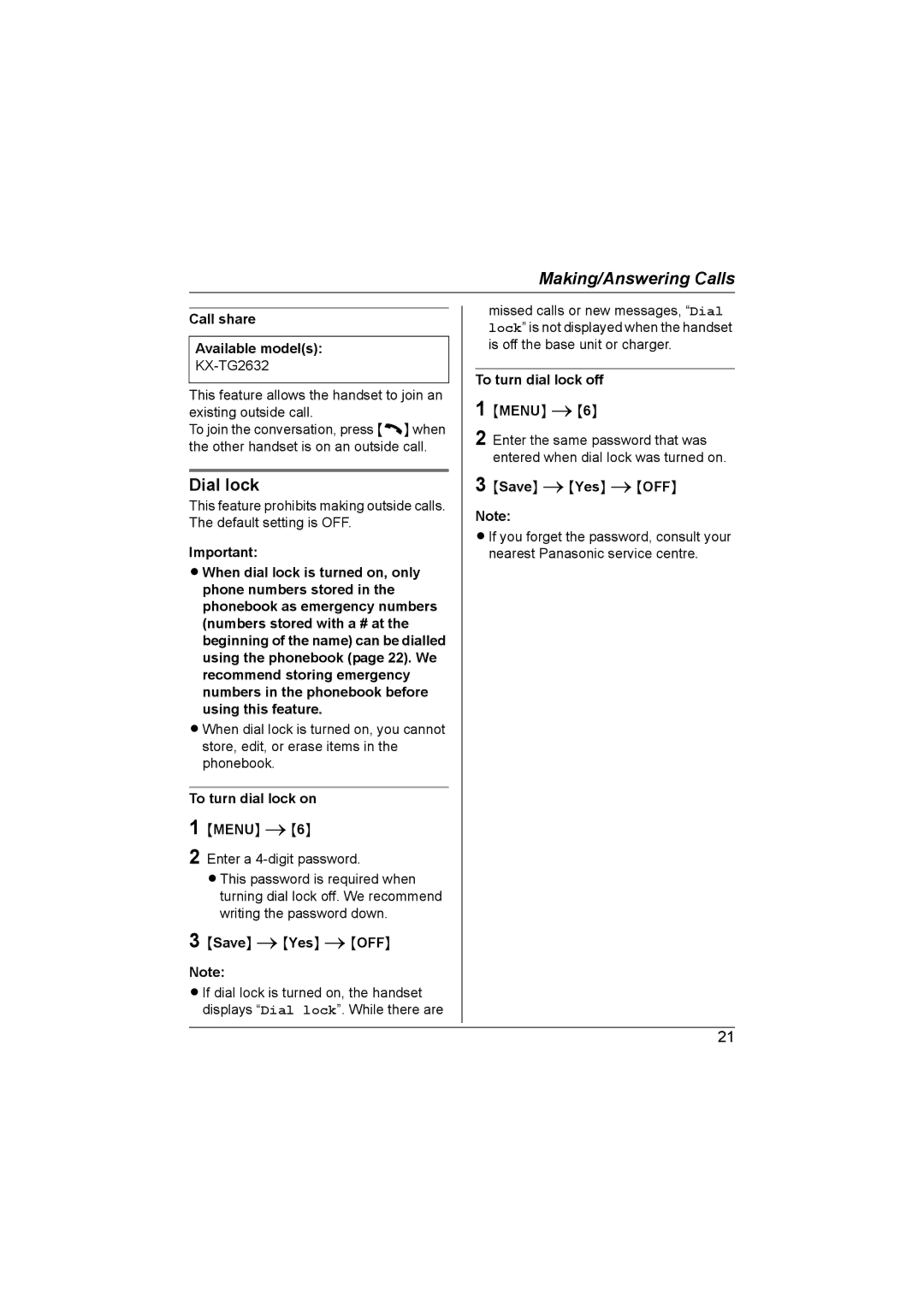 Panasonic KX-TG2632NZ, KX-TG2631NZ Dial lock, Call share Available models, To turn dial lock on, To turn dial lock off 