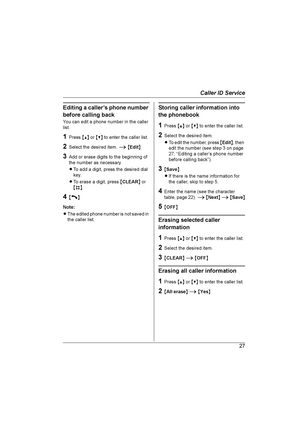 Panasonic KX-TG2632NZ Editing a caller’s phone number before calling back, Storing caller information into the phonebook 