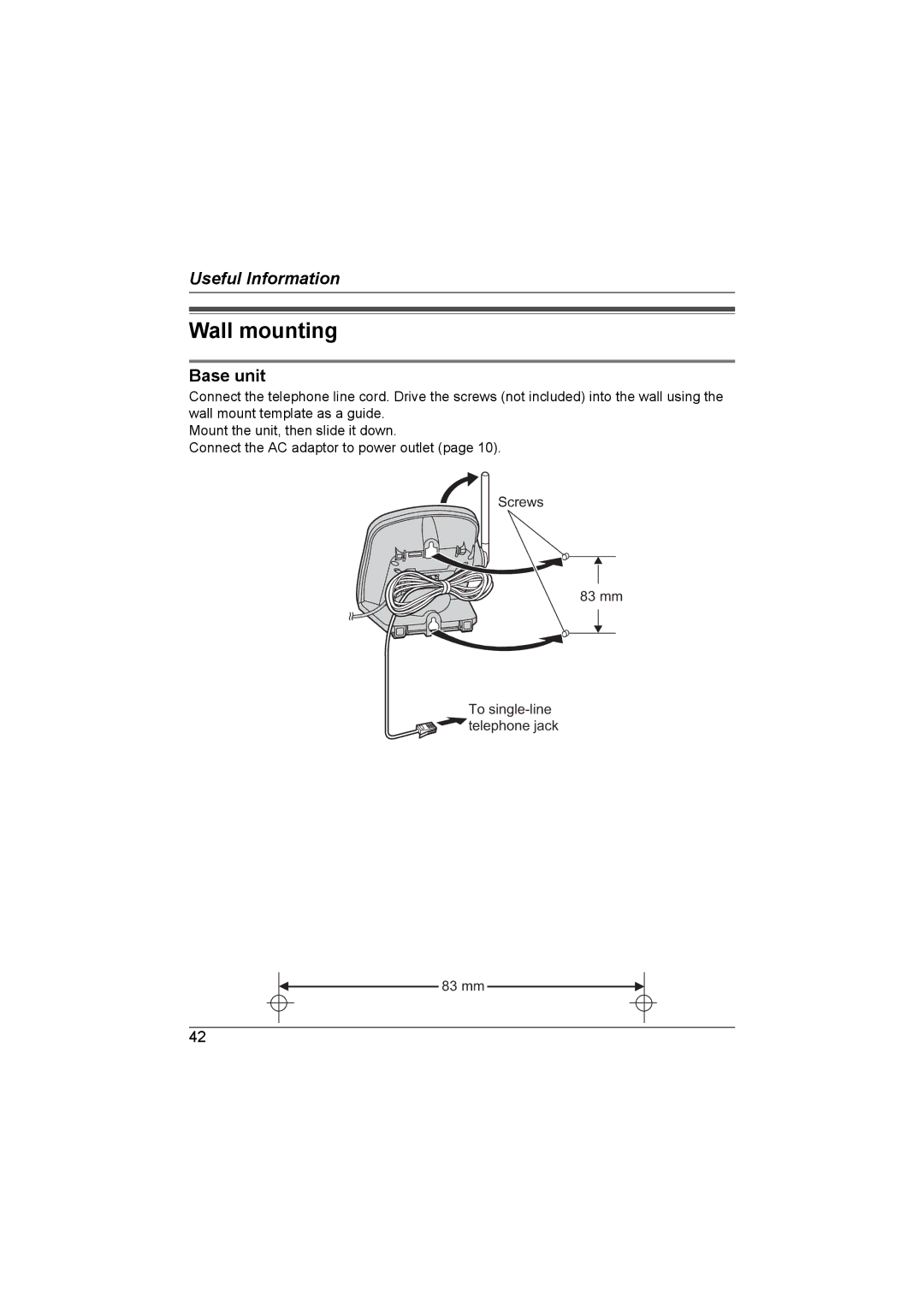 Panasonic KX-TG2631NZ, KX-TG2632NZ operating instructions Wall mounting, Base unit 