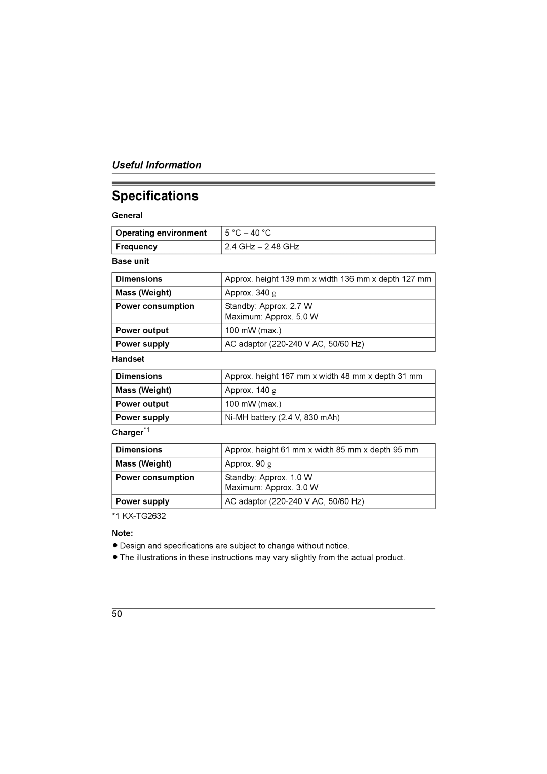 Panasonic KX-TG2631NZ, KX-TG2632NZ operating instructions Specifications 