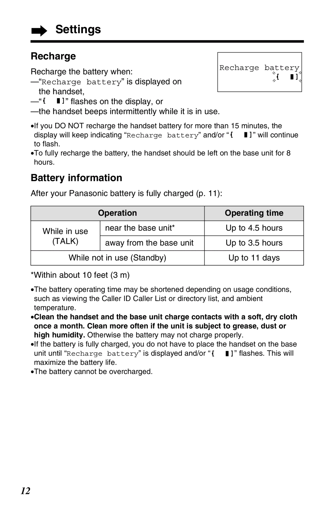 Panasonic KX-TG2650ALN, KX-TG2650NZN Recharge, Battery information, After your Panasonic battery is fully charged p 