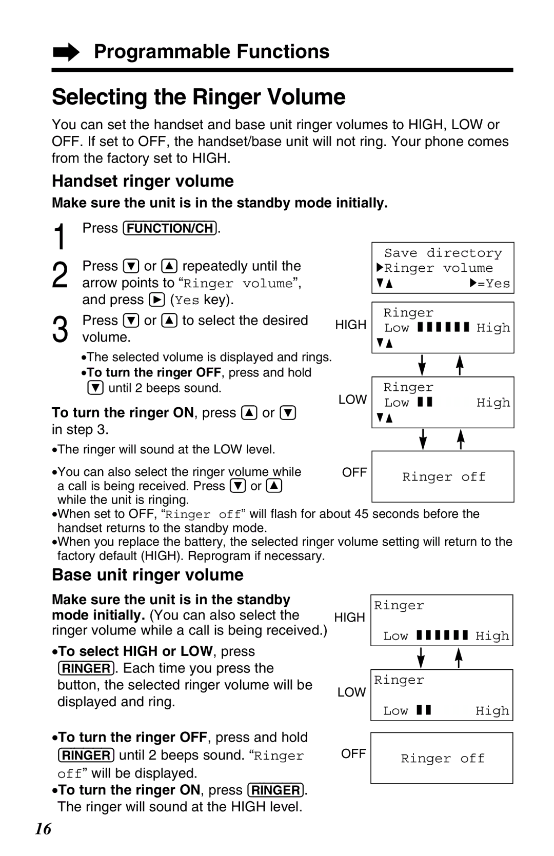 Panasonic KX-TG2650ALN, KX-TG2650NZN Selecting the Ringer Volume, Handset ringer volume, Base unit ringer volume 