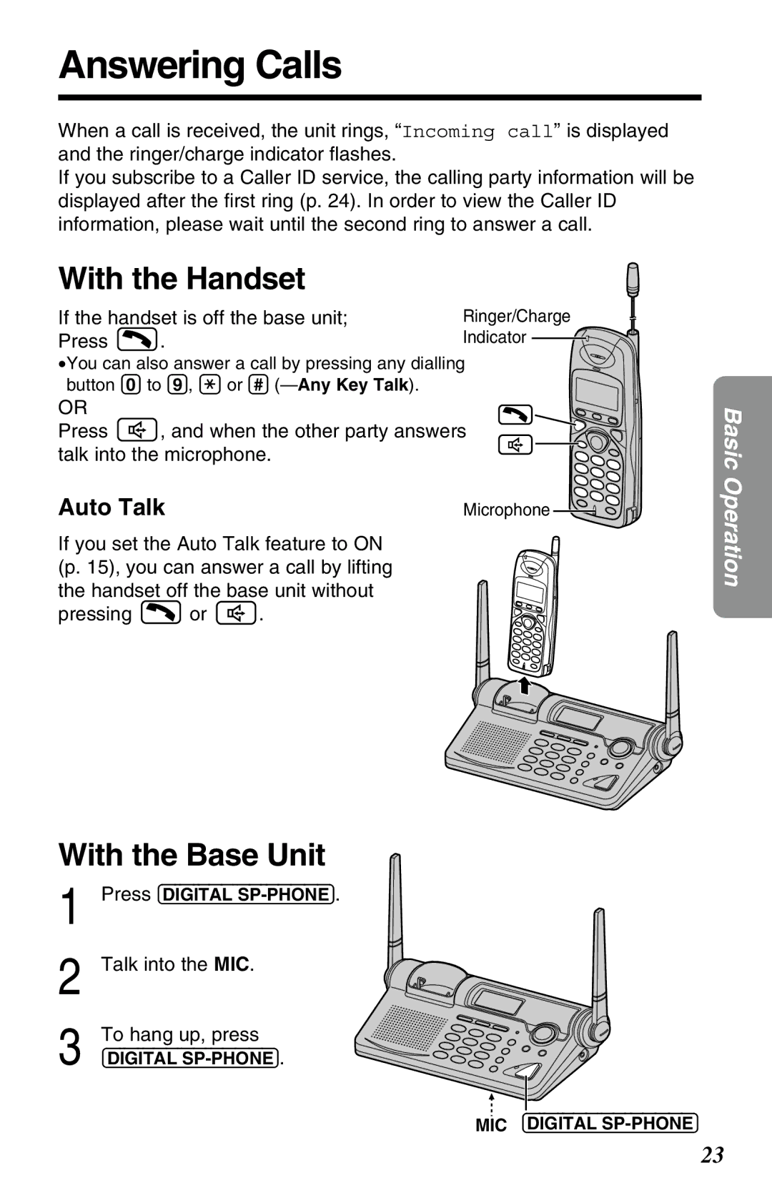 Panasonic KX-TG2650NZN, KX-TG2650ALN Answering Calls, With the Base Unit, Auto Talk, If the handset is off the base unit 