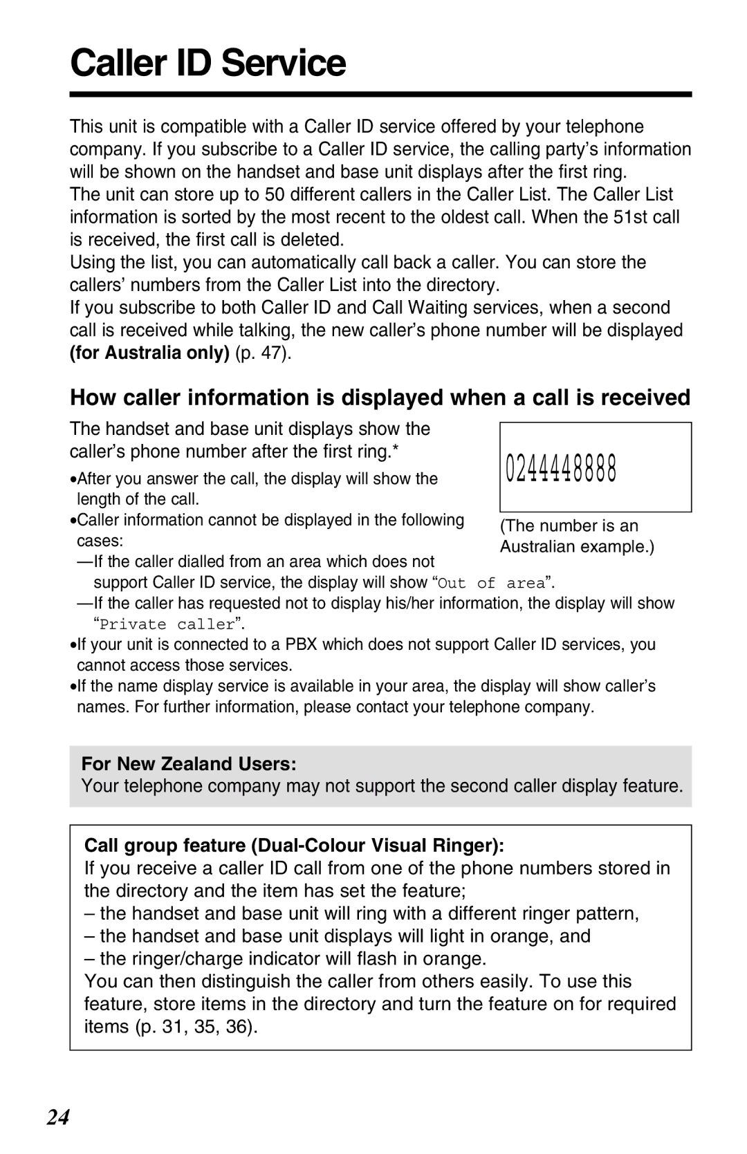 Panasonic KX-TG2650ALN, KX-TG2650NZN Caller ID Service, How caller information is displayed when a call is received 