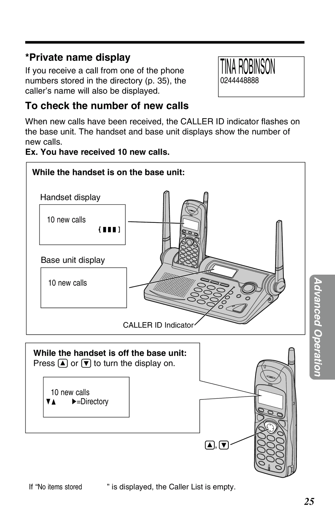 Panasonic KX-TG2650NZN Private name display, To check the number of new calls, While the handset is off the base unit 