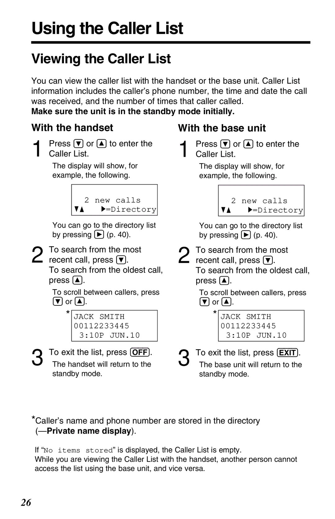 Panasonic KX-TG2650ALN, KX-TG2650NZN Using the Caller List, Viewing the Caller List, With the handset, With the base unit 