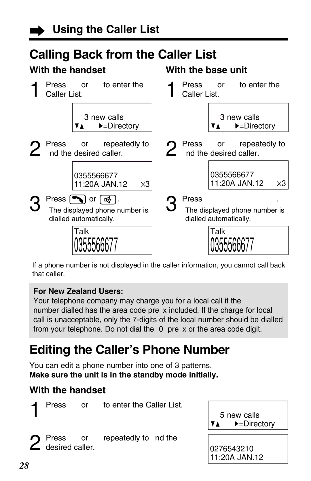 Panasonic KX-TG2650ALN, KX-TG2650NZN Calling Back from the Caller List, Editing the Caller’s Phone Number 