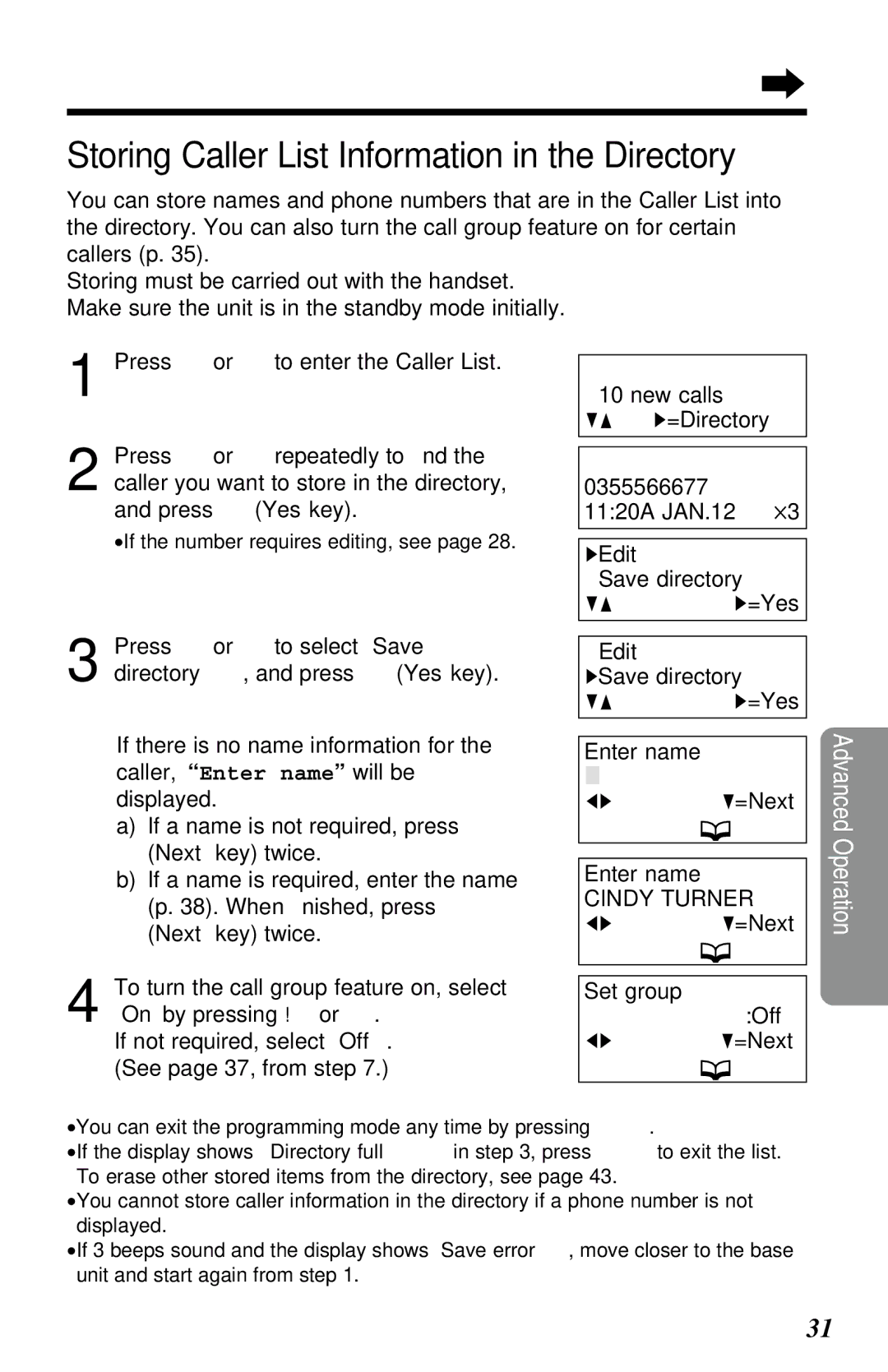 Panasonic KX-TG2650NZN, KX-TG2650ALN operating instructions Storing Caller List Information in the Directory 